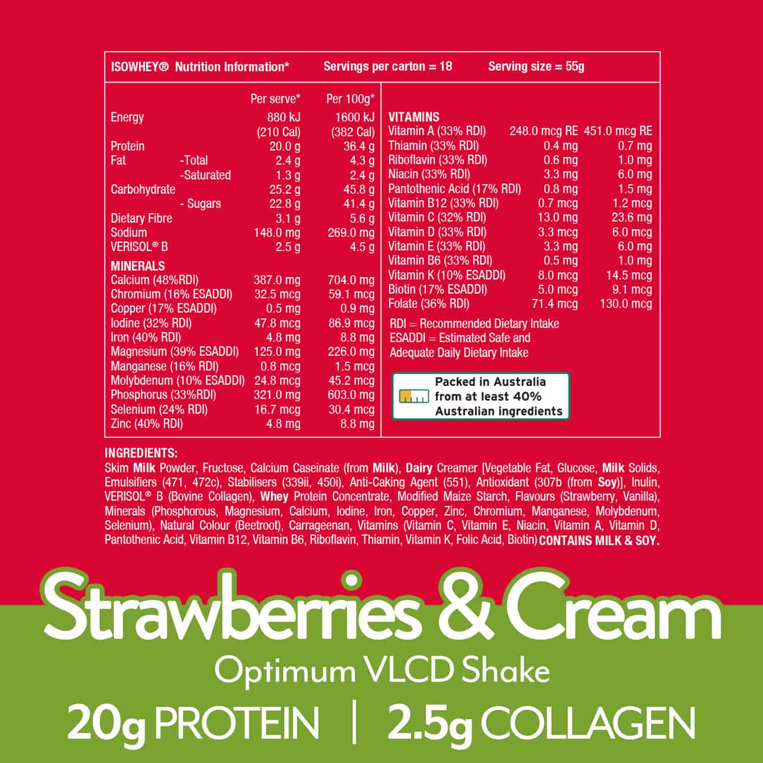 IsoWhey Optimum VLCD Strawberries & Cream 18x55g nutritional information