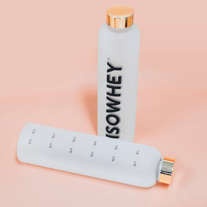 Two IsoWhey Water Bottles one upright and the other upside down