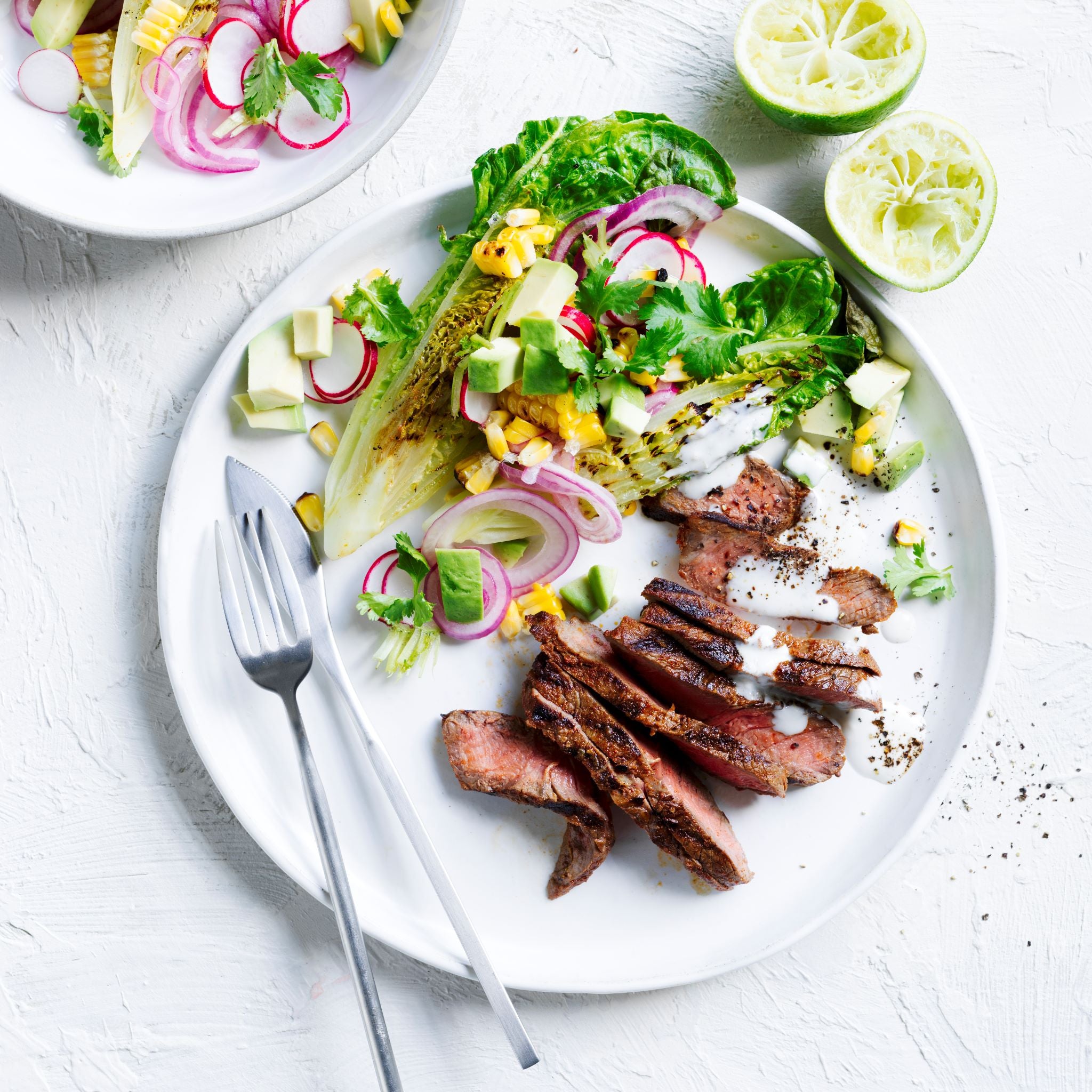 Mexican Steak with Grilled Corn, Avocado & Cos Salad
