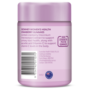 Purple container of Isowhey Women's Health Cranberry Gummies with text and branding on a white background