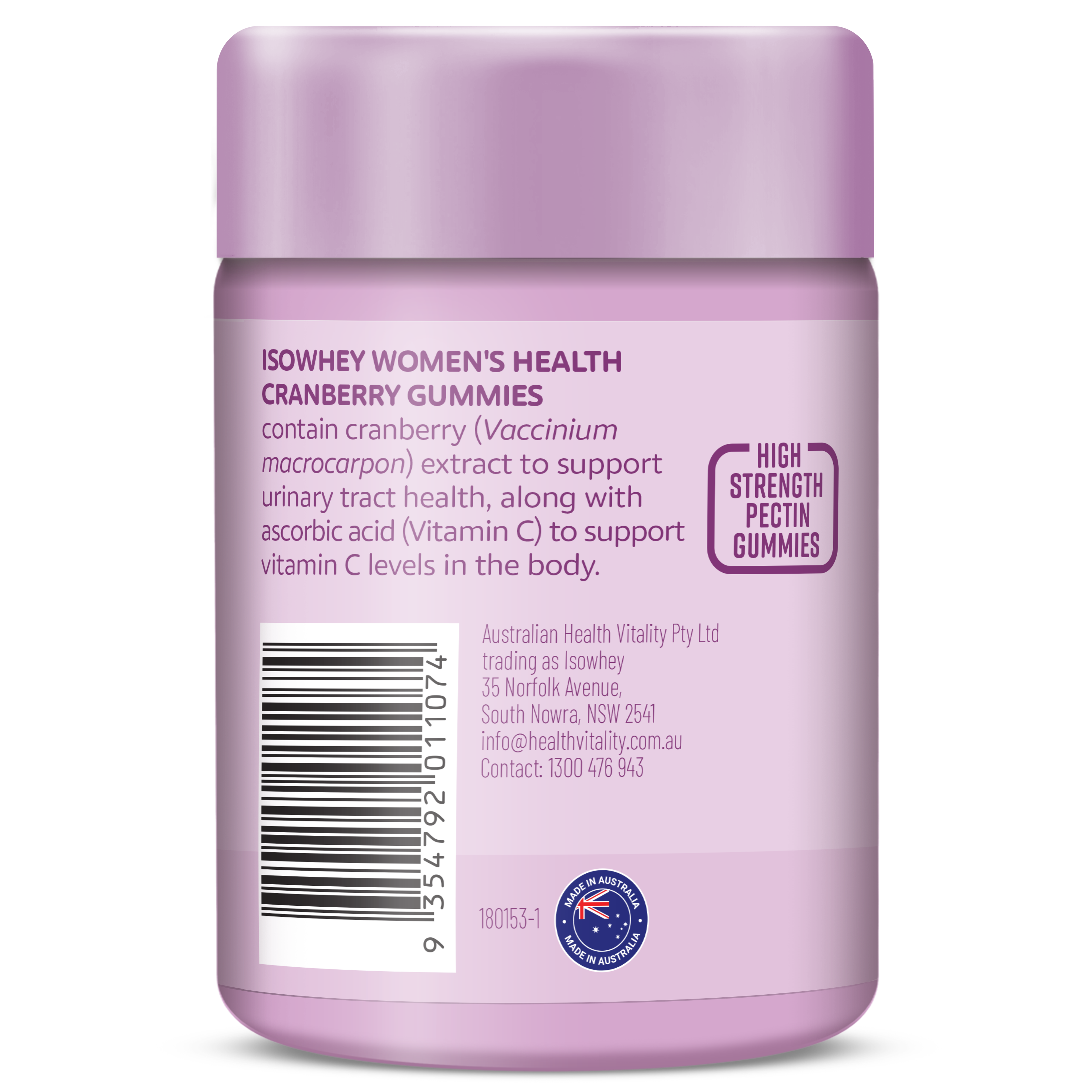 Purple container of Isowhey Women's Health Cranberry Gummies with text and branding on a white background