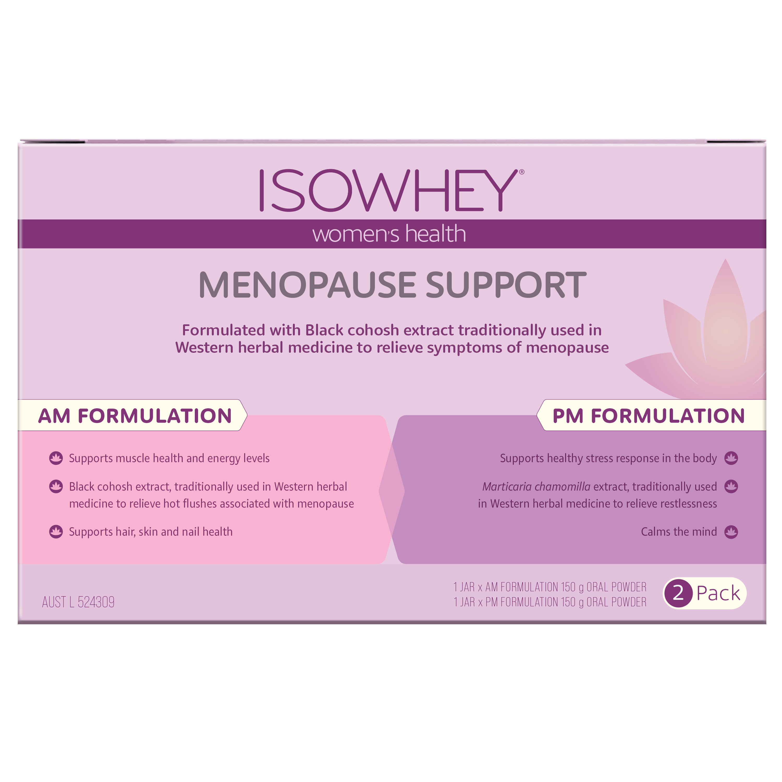 Box of IsoWhey Menopause Support with pink and purple design on a white background