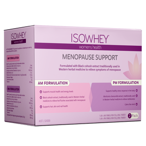 ISOWHEY Menopause Support packaging with purple and pink design