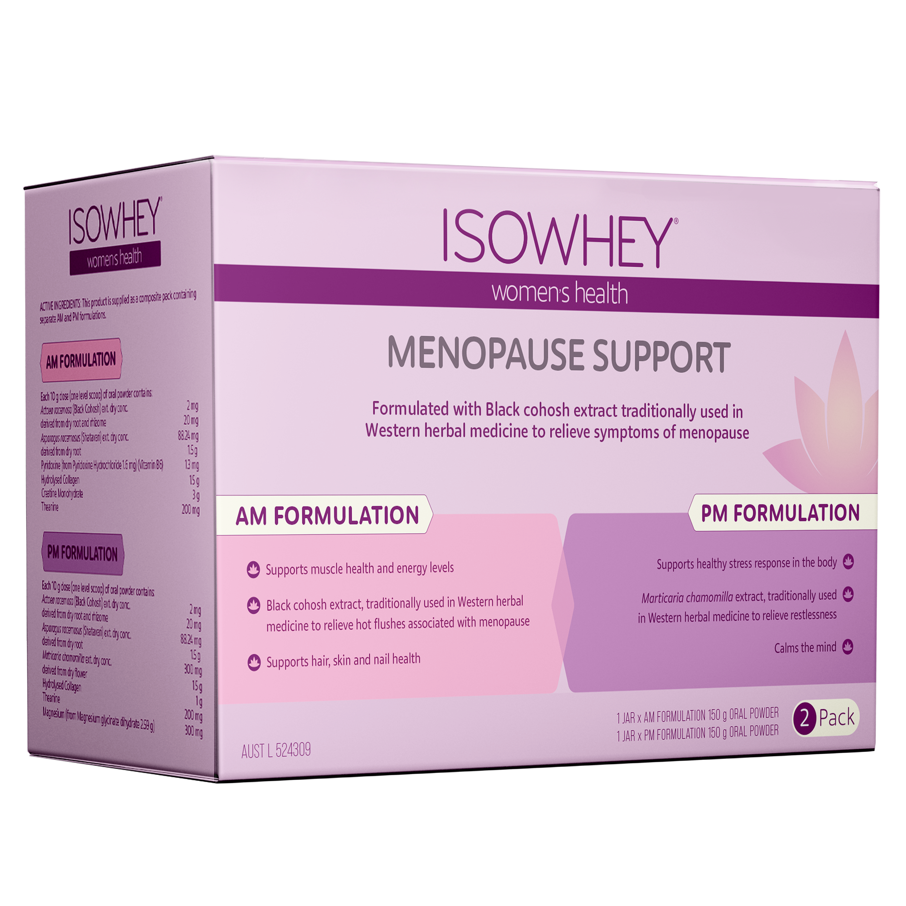 ISOWHEY Menopause Support packaging with purple and pink design