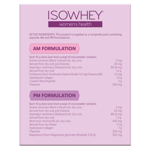 ISOWHEY women's health AM and PM formulation packaging on a white background