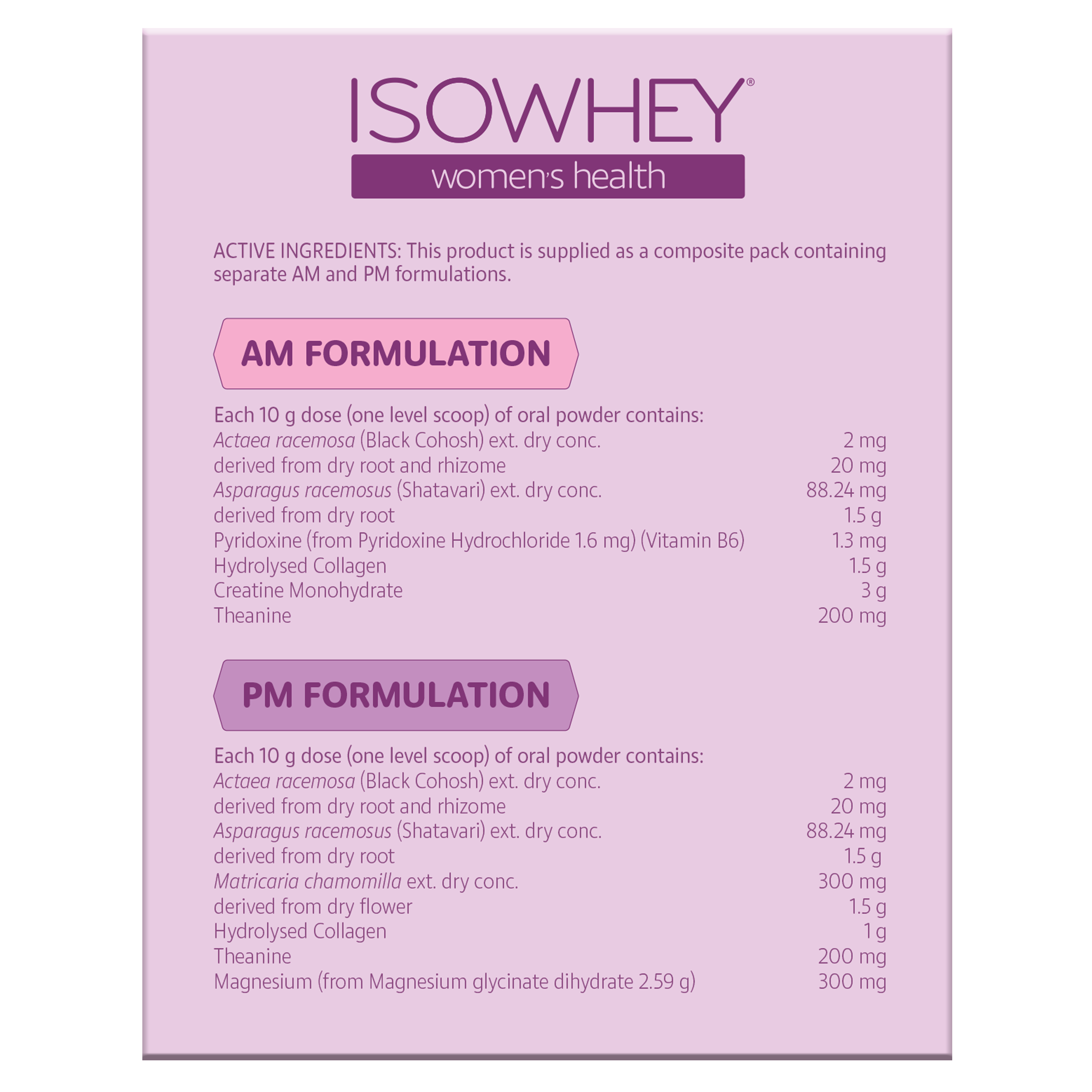 ISOWHEY women's health AM and PM formulation packaging on a white background