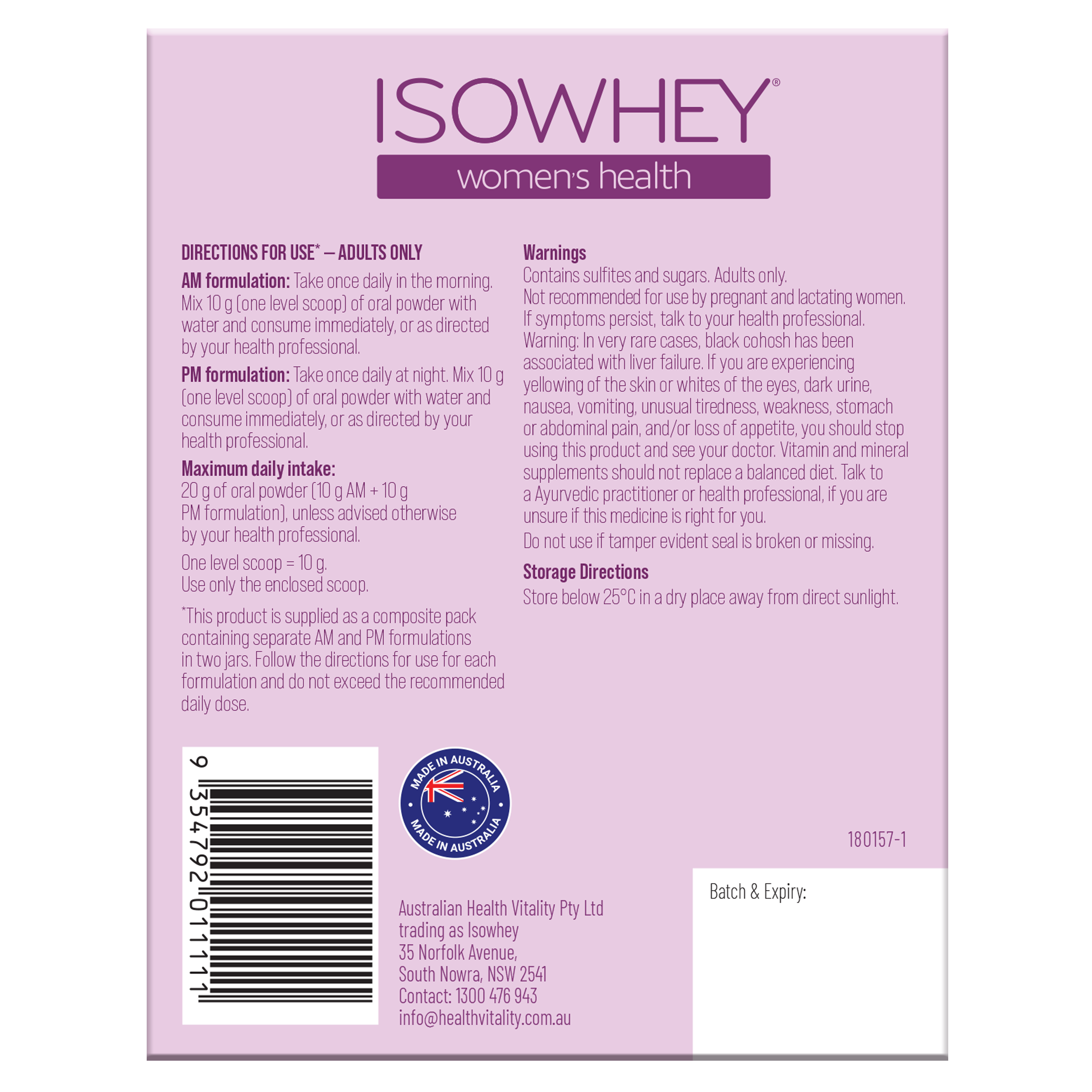 Back label of IsoWhey women's health supplement packaging with text and branding.