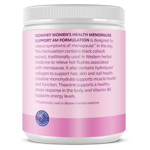 Supplement container with pink label on a white background