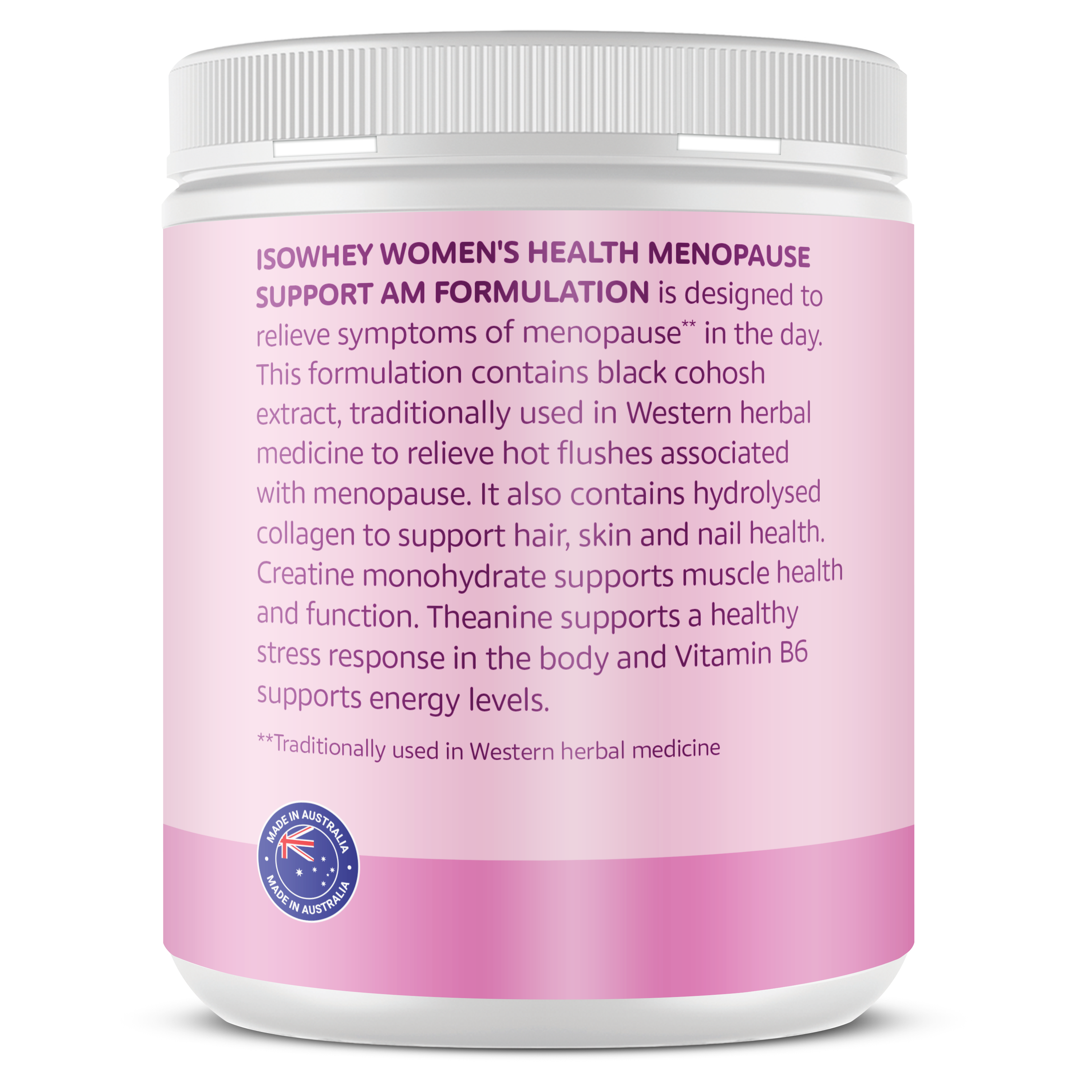 Supplement container with pink label on a white background