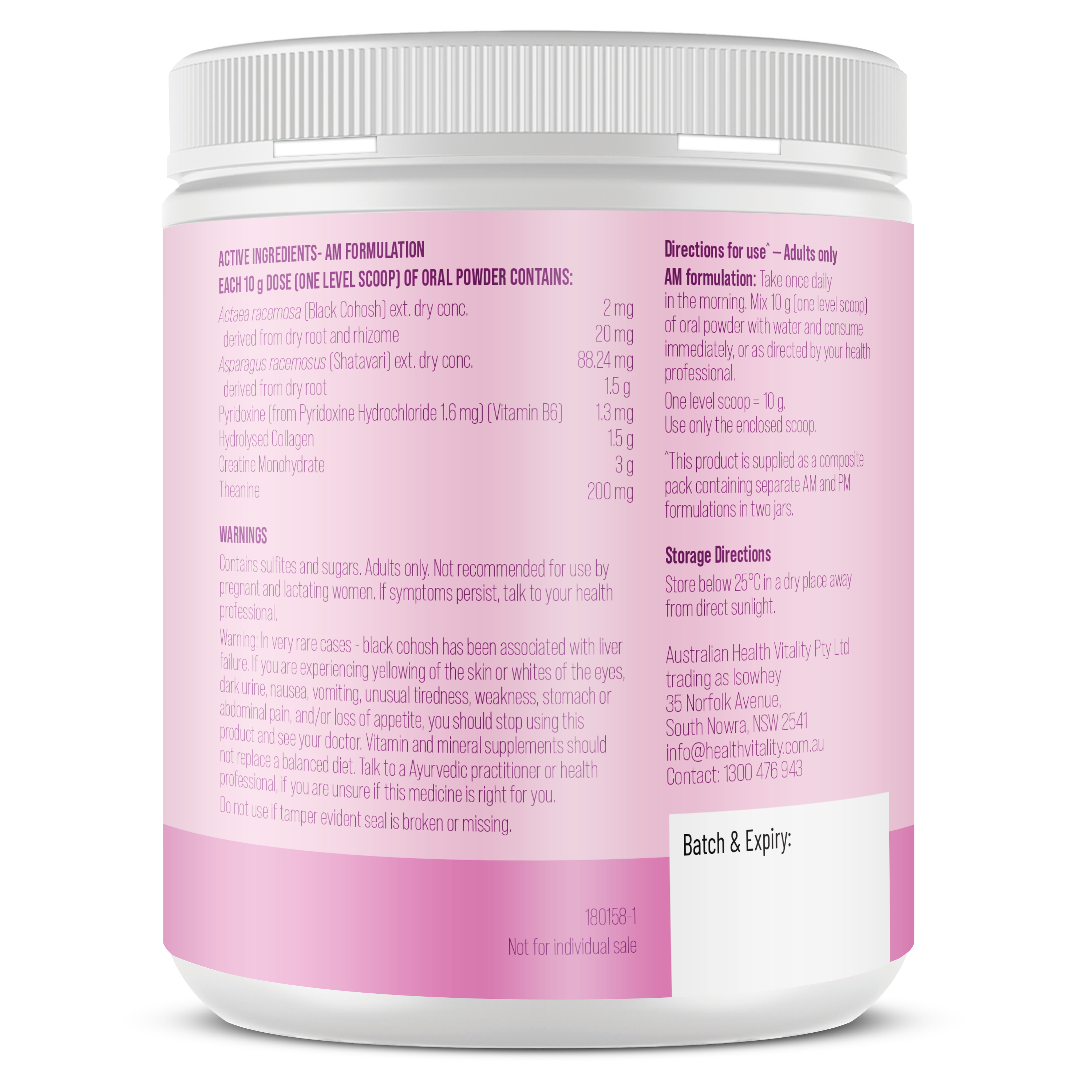 Pink supplement container with label on a white background