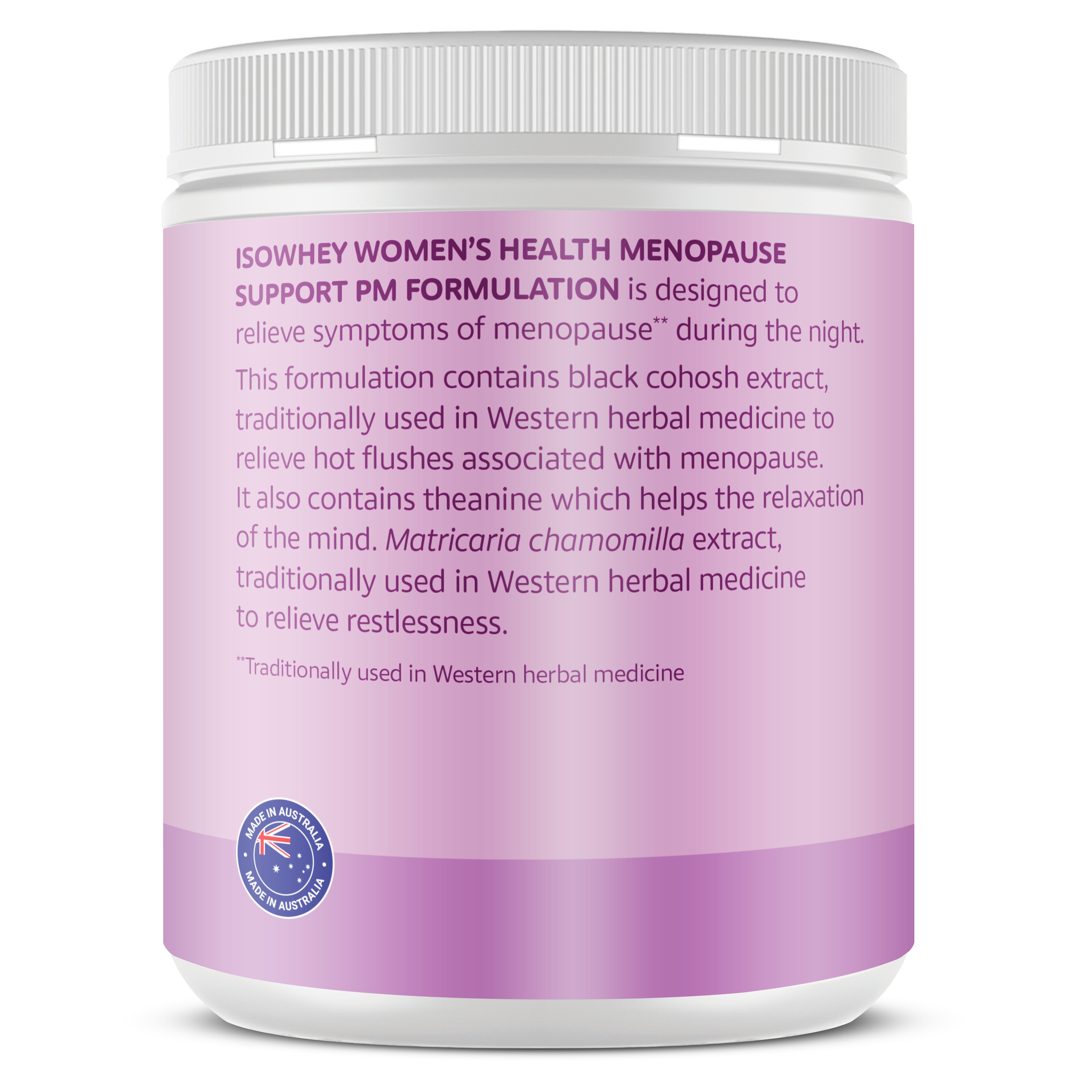 Purple supplement container with white lid on a white background