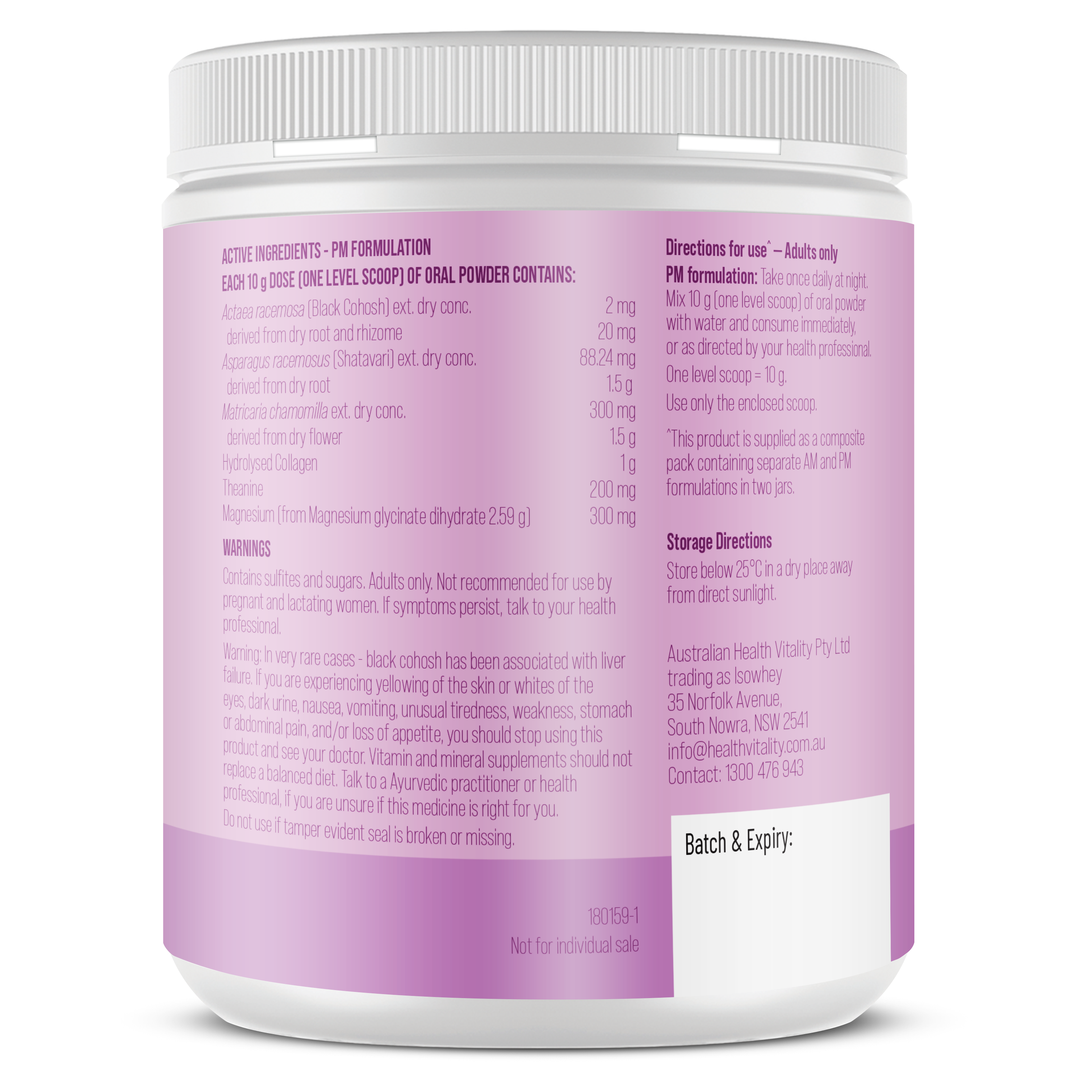 Supplement container with purple label and white lid on a white background