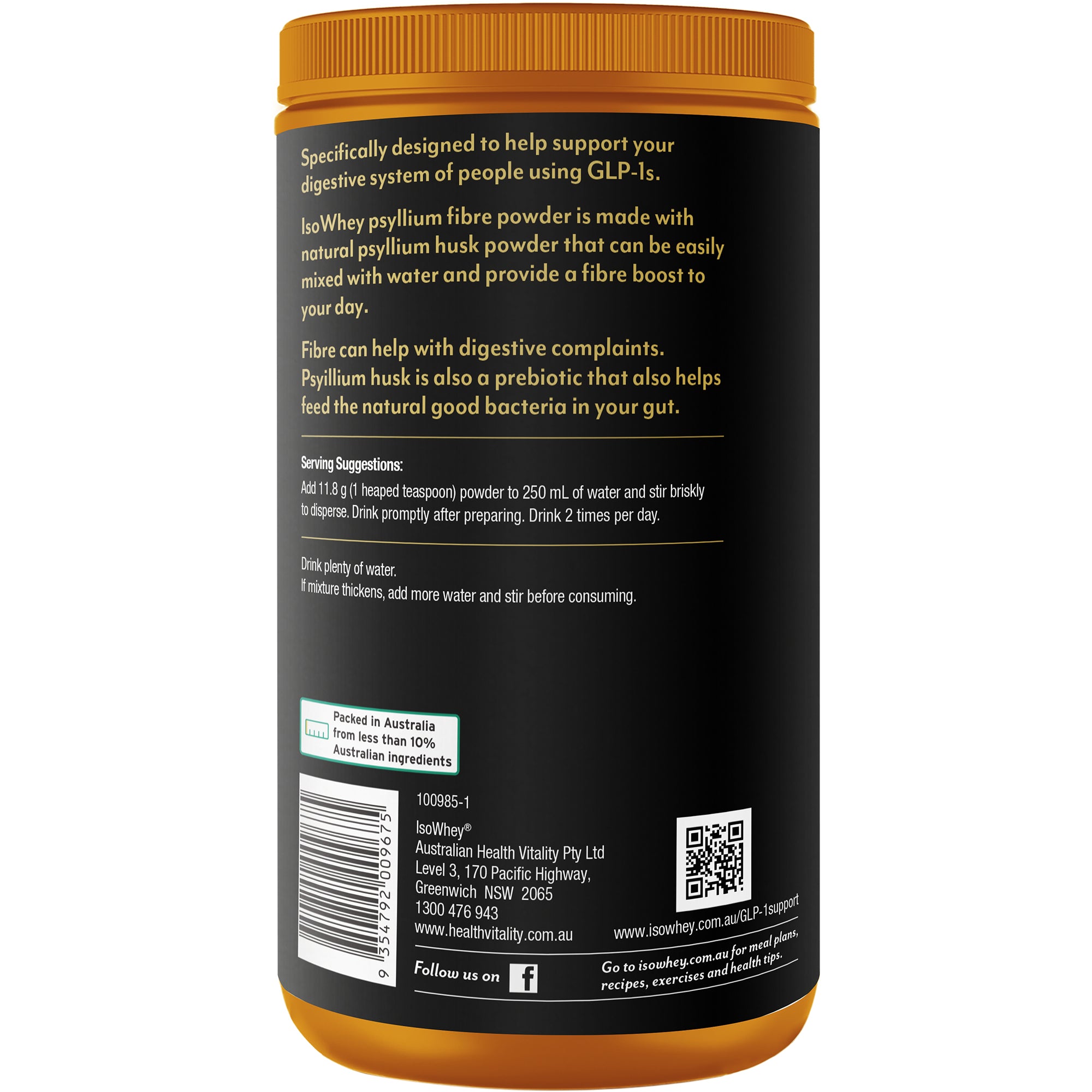 GLP-1 Support Psyllium Fibre Powder 673g Orange Flavour