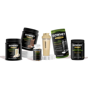 Plant-based GLP-1 support bundle with protein shakes, fibre, greens and energy gummies designed to complement your nutrition routine.