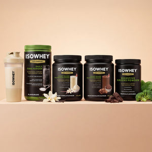 Plant-based GLP-1 support bundle with protein shakes, fibre, greens and energy gummies designed to complement your nutrition routine.