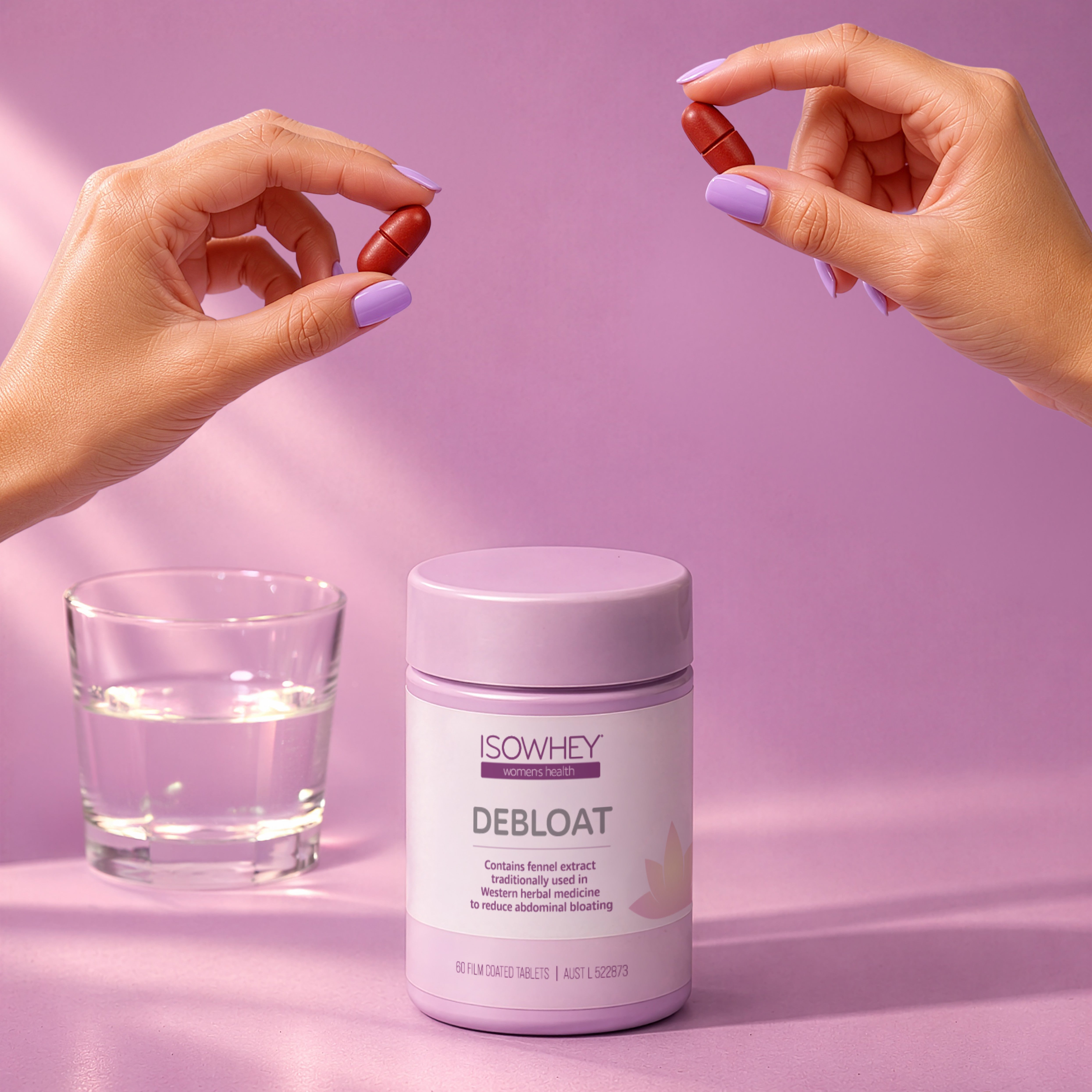 Two hands holding supplements with a container labeled 'DEBOAT' on a pink background