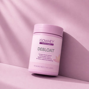 ISOWHEY Debloat supplement container on a pink background