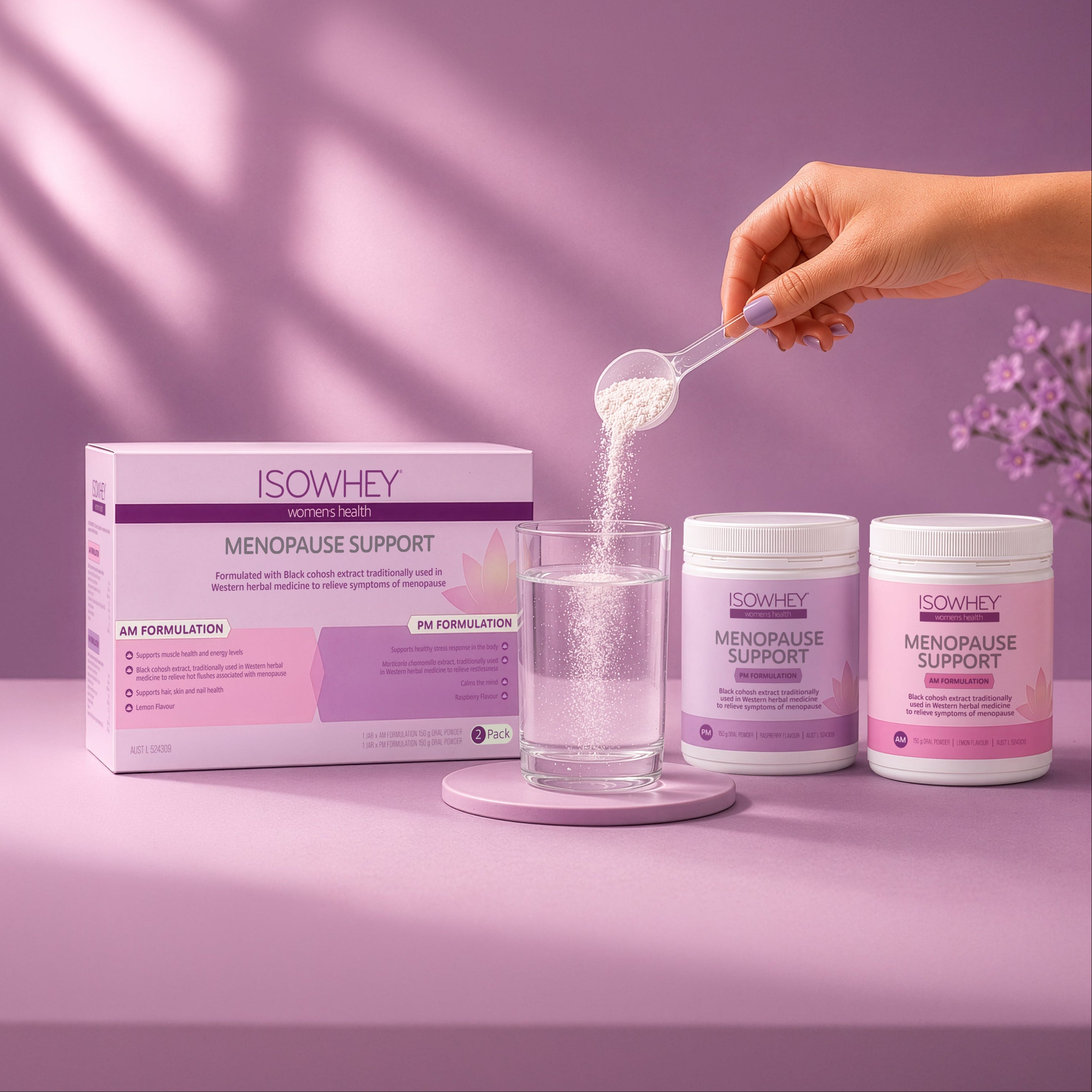 ISOWHEY Menopause Support product with a glass of water and a spoon on a purple background