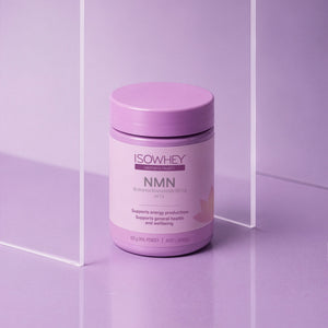Purple container of ISOWHEY NMN powder on a matching purple background