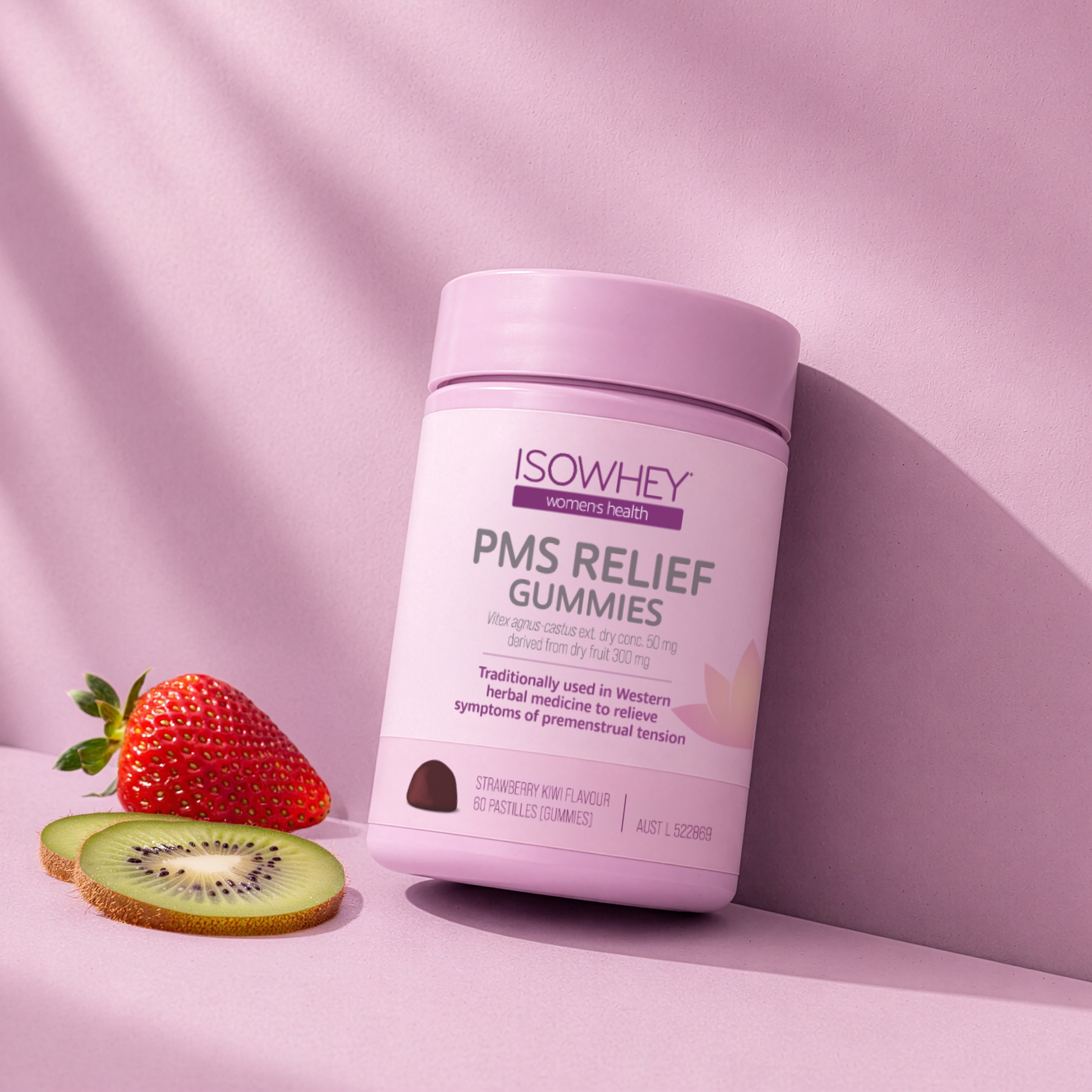 ISOWHEY PMS Relief Gummies container with a strawberry and kiwi on a pink background