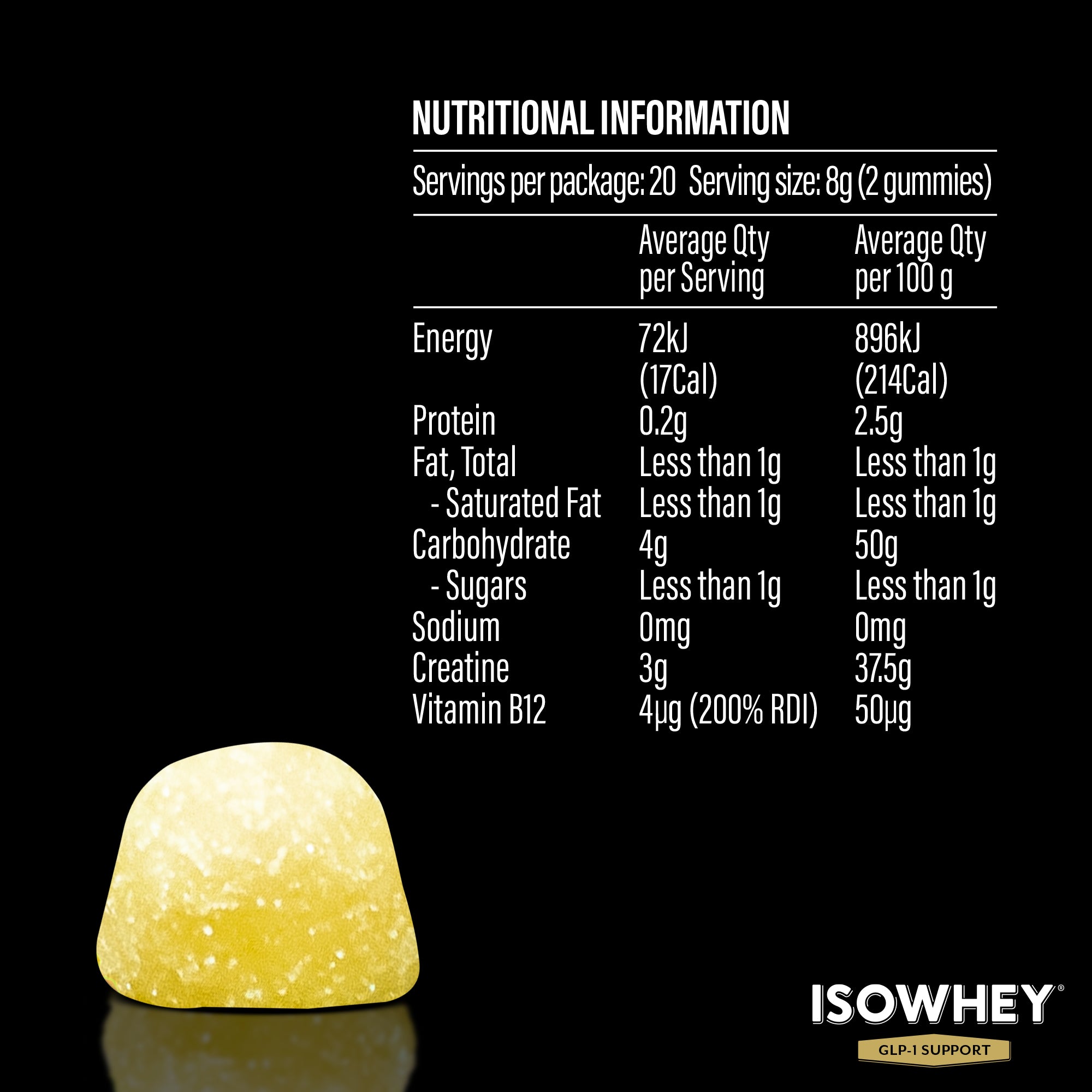Isowhey Glp-1 creatine gummies: Support your health with Isowhey gummies! 1 serve of Isowhey Creatine Gummies is packed with 3g of Creatine and Vitamin B12 to help you rich your health goals.