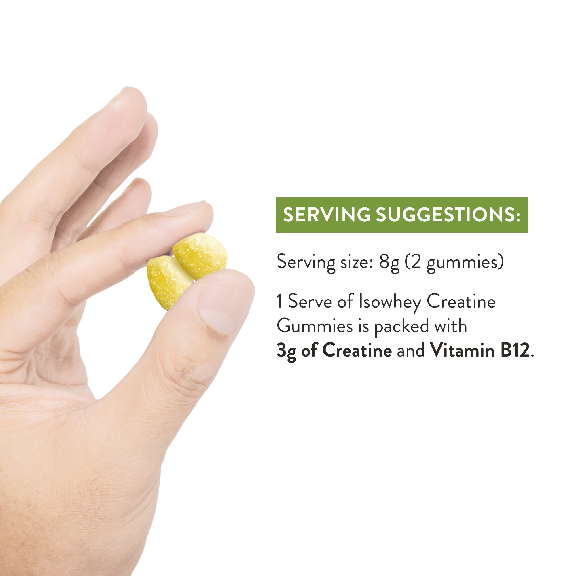 Isowhey Glp-1 creatine gummies: Support your health with Isowhey gummies! 1 serve of Isowhey Creatine Gummies is packed with 3g of Creatine and Vitamin B12 to help you rich your health goals.