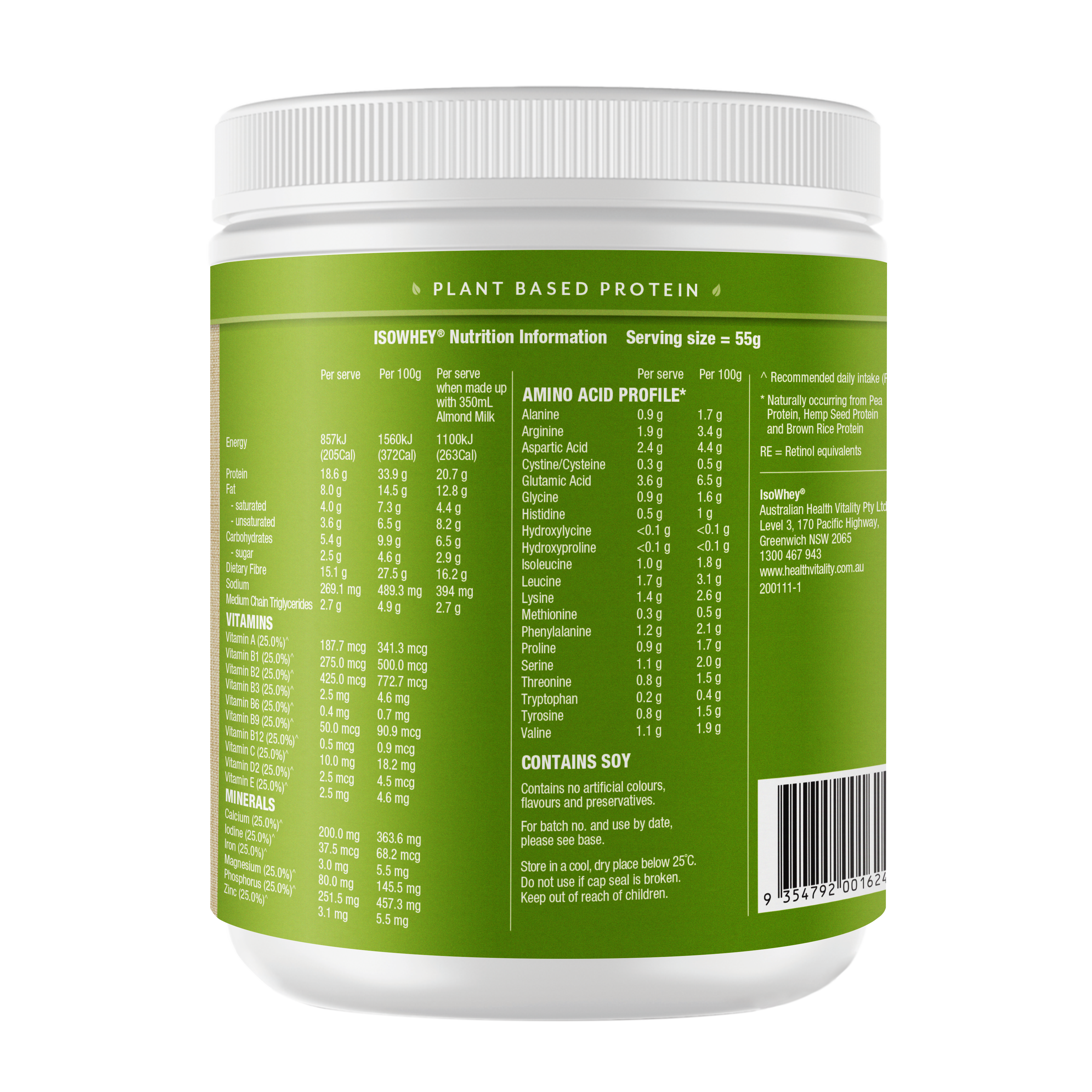 IsoWhey Plant-Based Meal Replacement Vanilla Shake 550g backshot, showing its nutritional information