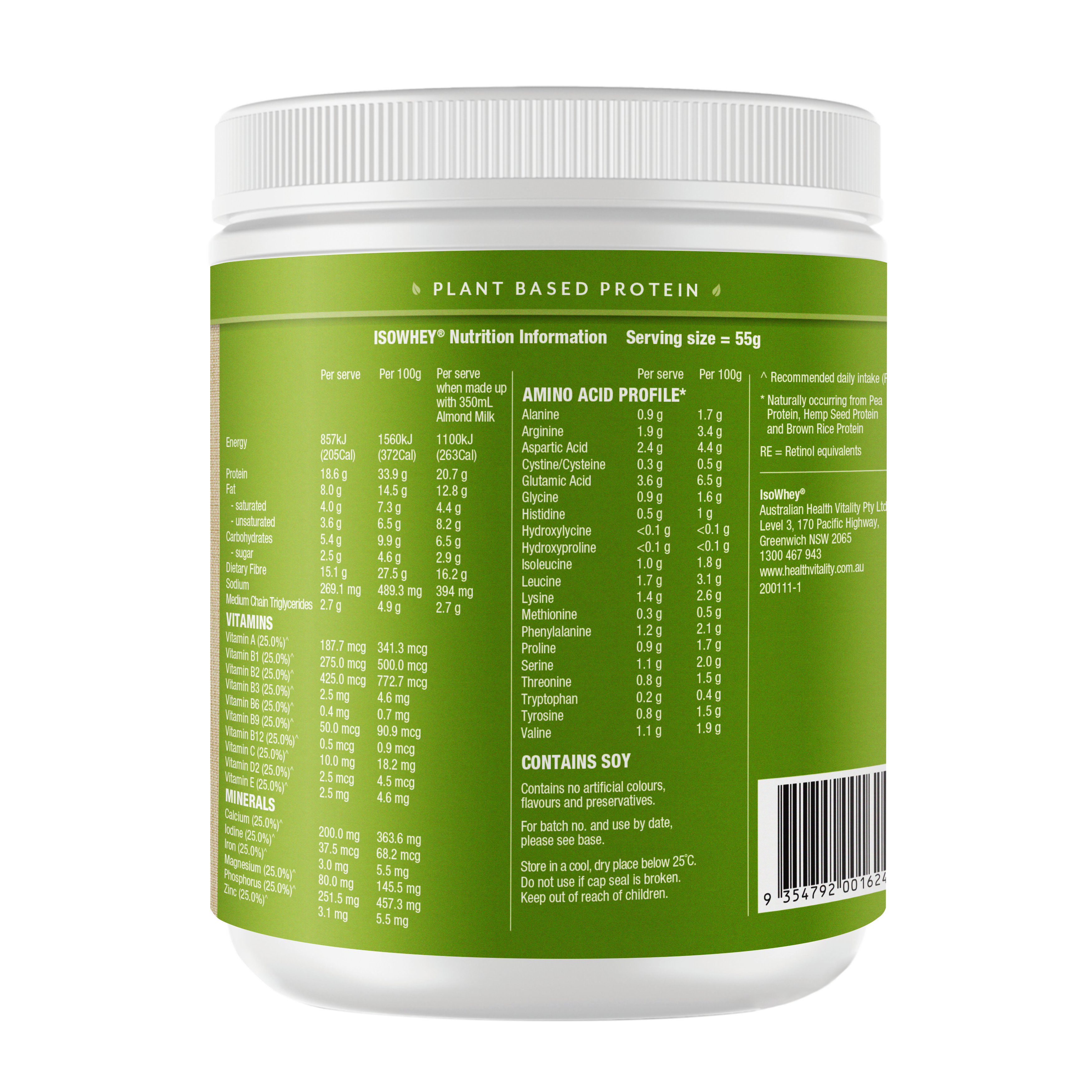 IsoWhey Plant-Based Vanilla Shake 550g Container Backshot: highlighting Nutritional Information & Serving Size.