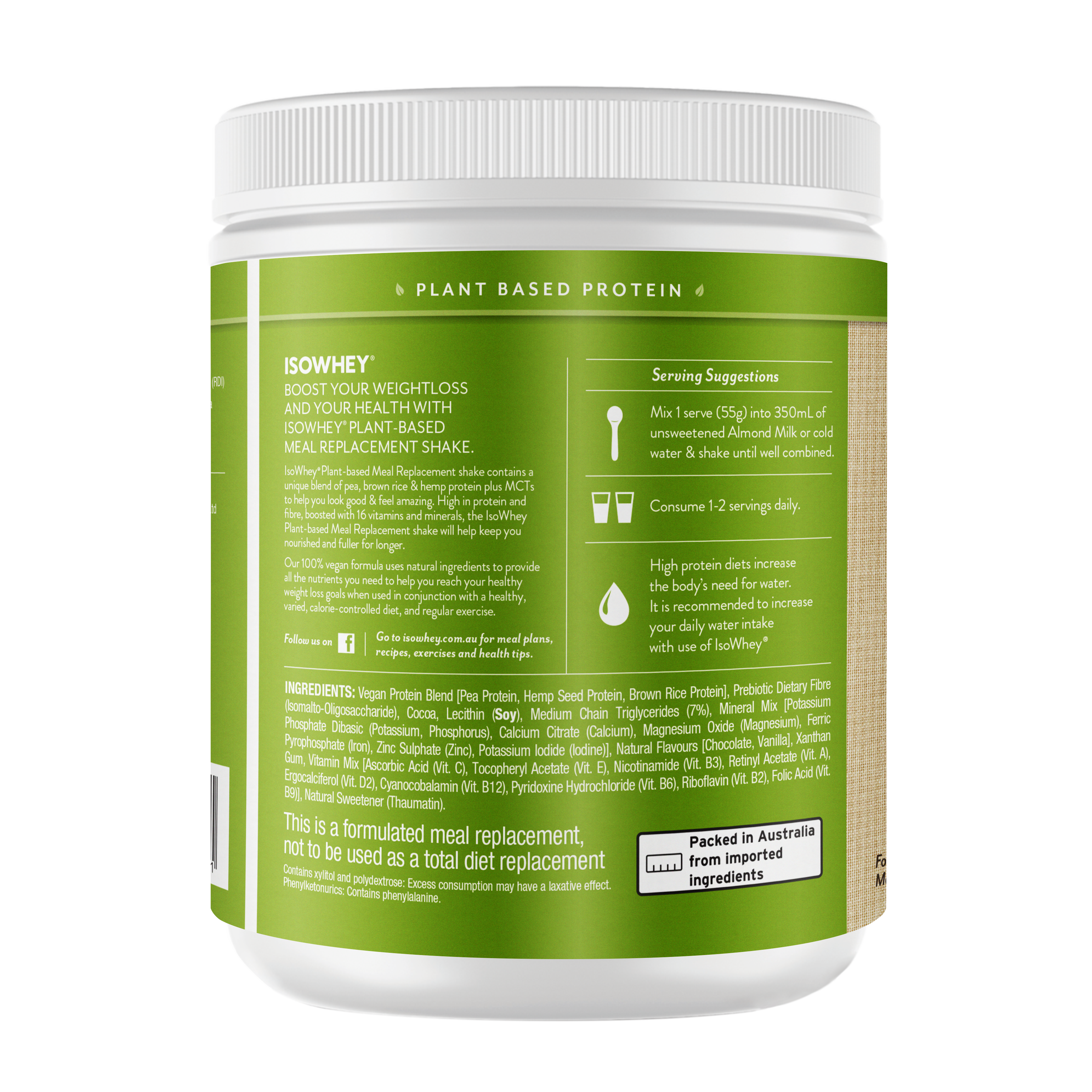 IsoWhey Plant-Based Meal Replacement Chocolate Shake 550g backshot, showing its ingredients and servicing size