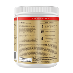 IsoWhey Keto Vanilla Shake 550g Container Backshot: Label highlighting Ingredients & Serving Suggestions.