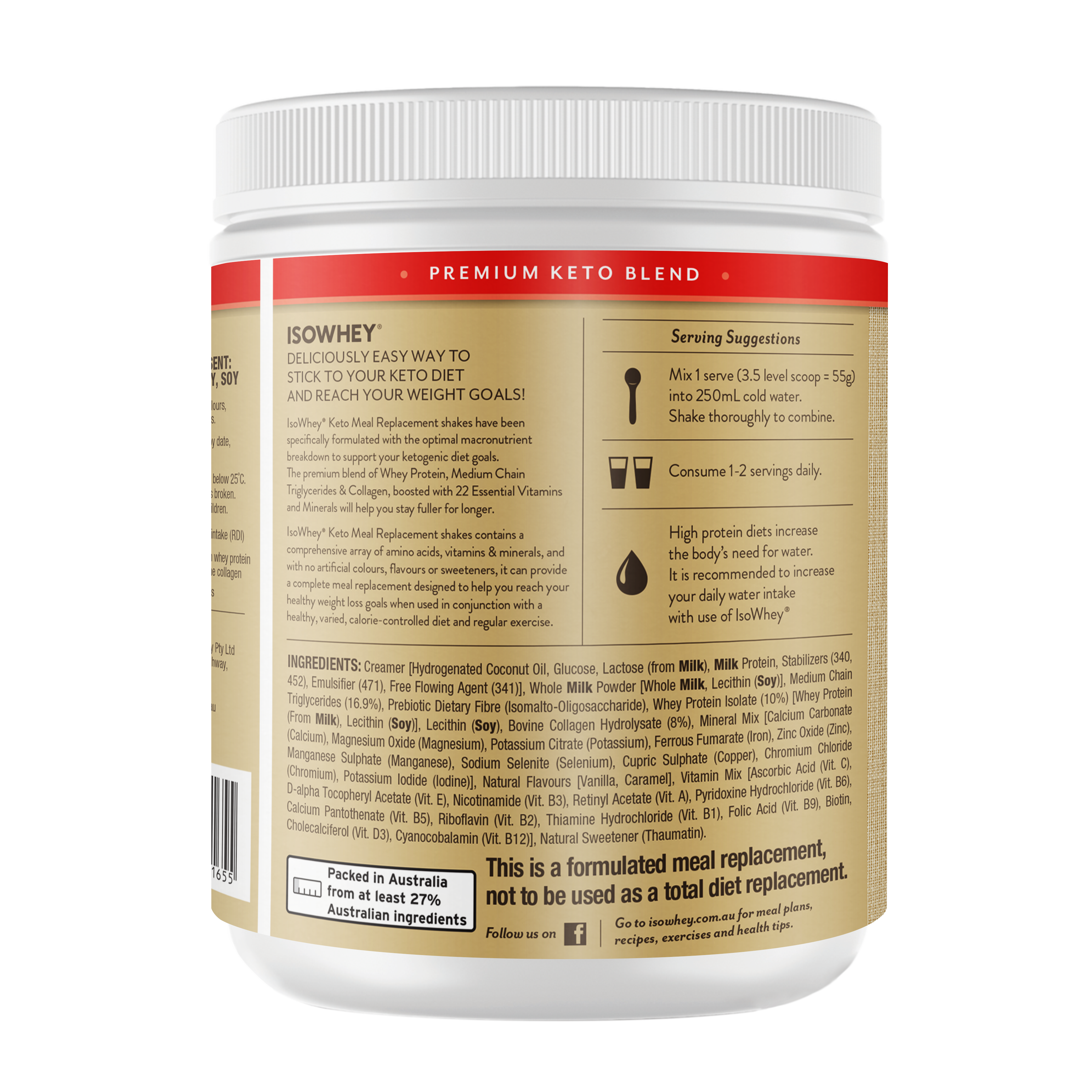 IsoWhey Keto Vanilla Shake 550g Container Backshot: Label highlighting Ingredients & Serving Suggestions.