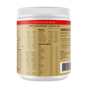 IsoWhey Vanilla Keto Shake 550g Container: Label highlighting Nutritional Information, Serving Size, Product Code, and Address.