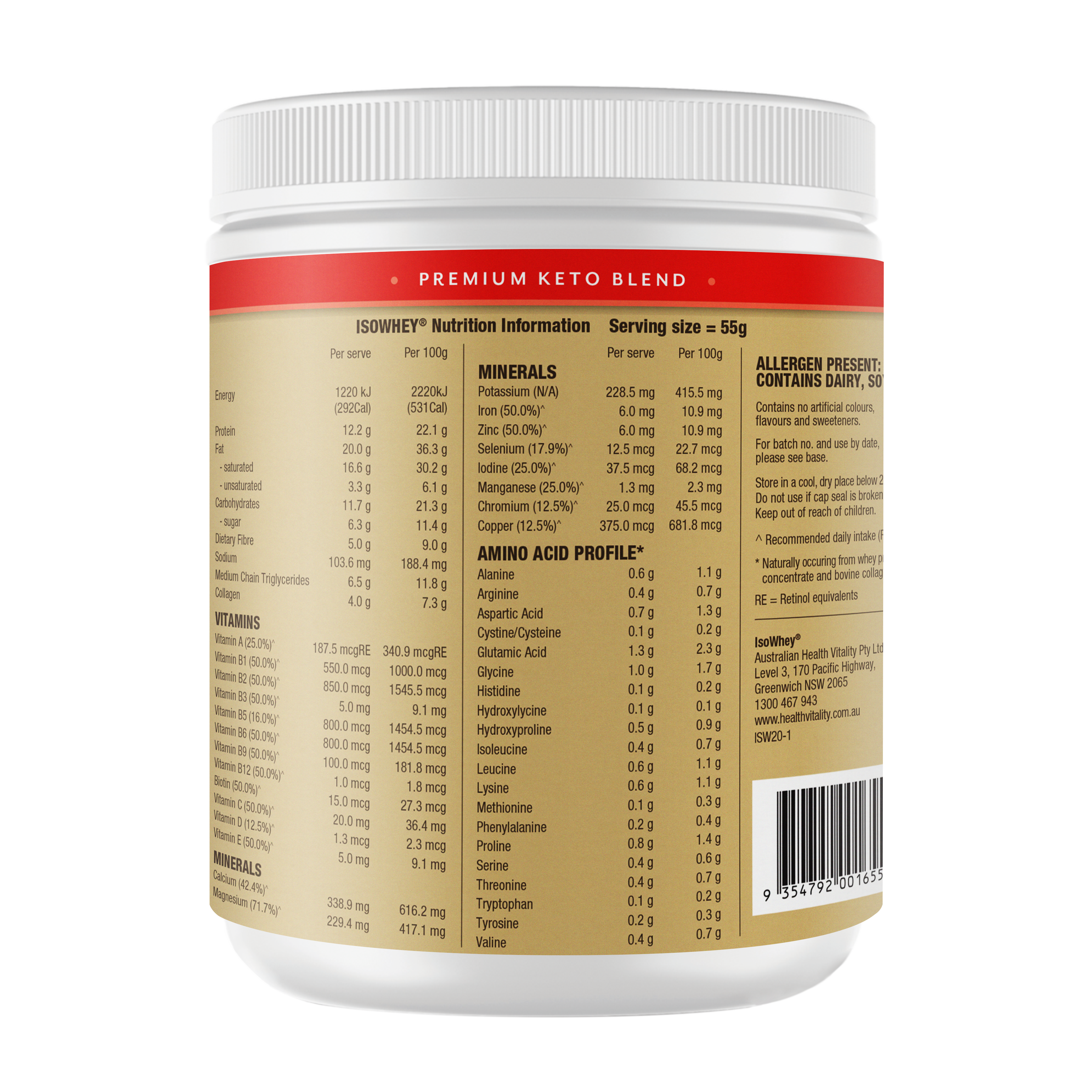 IsoWhey Vanilla Keto Shake 550g Container: Label highlighting Nutritional Information, Serving Size, Product Code, and Address.