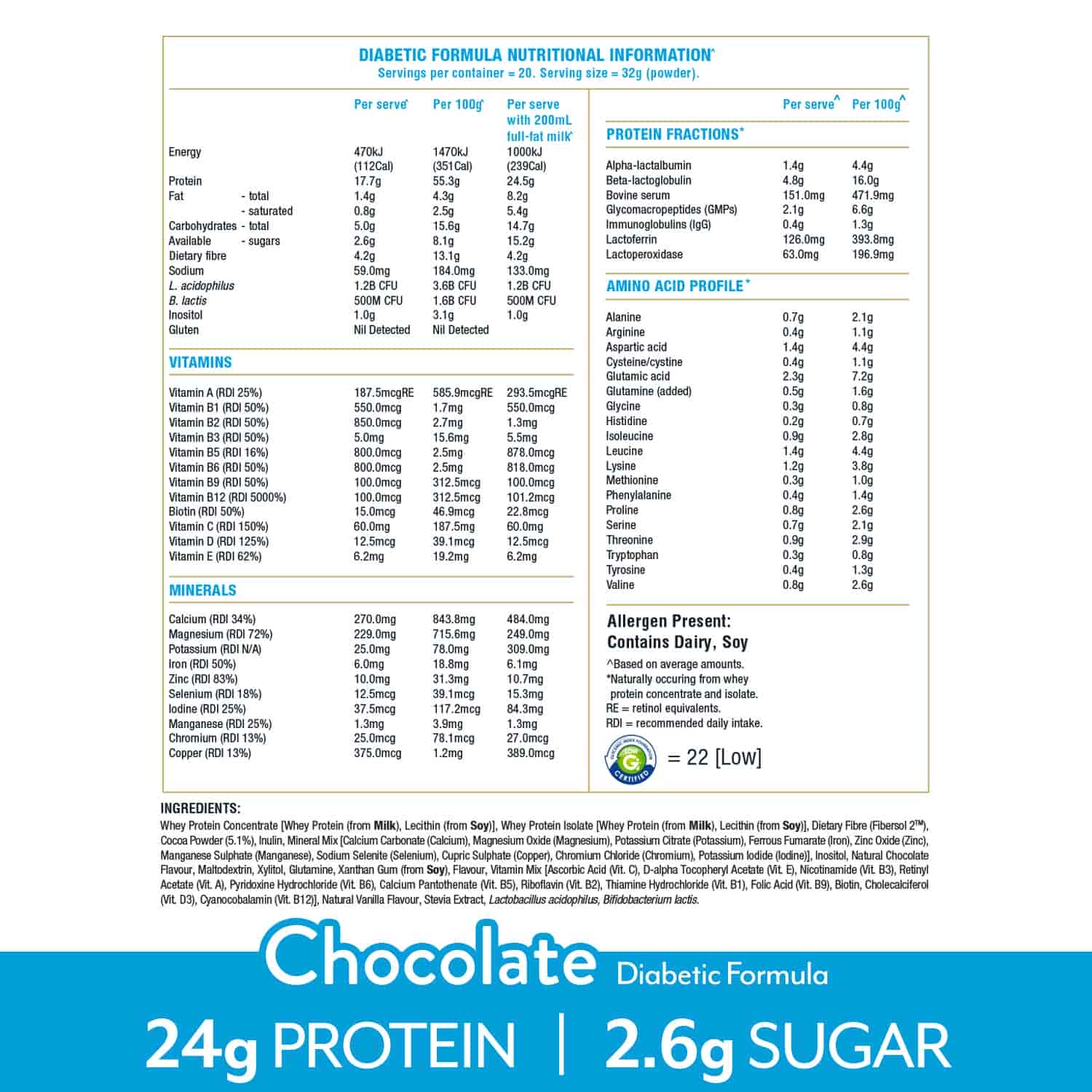 IsoWhey Clinical Nutrition Diabetic Formula Chocolate Diabetic formula Nutritional information