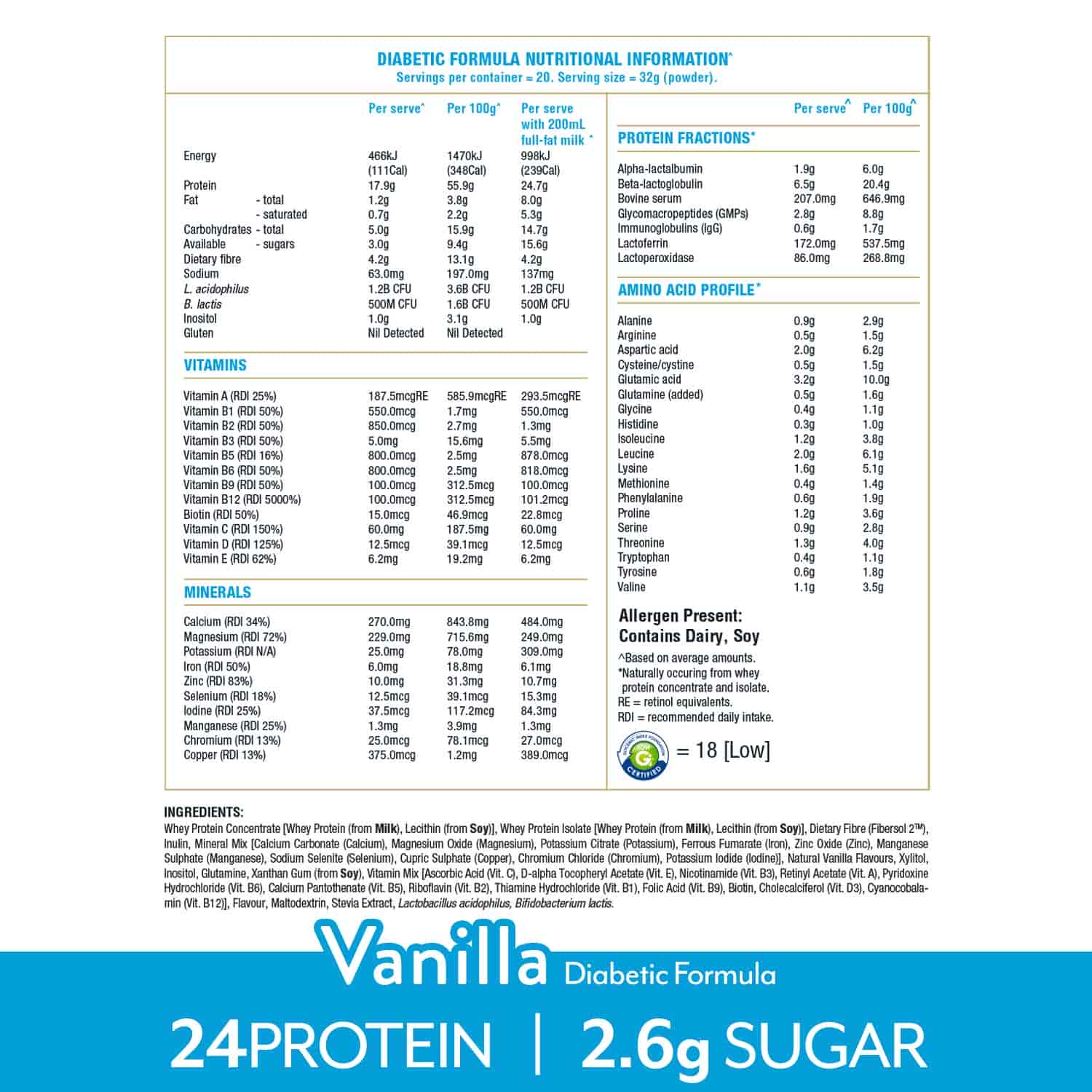 IsoWhey Clinical Nutrition Diabetic Formula Vanilla 640g with nutritional information