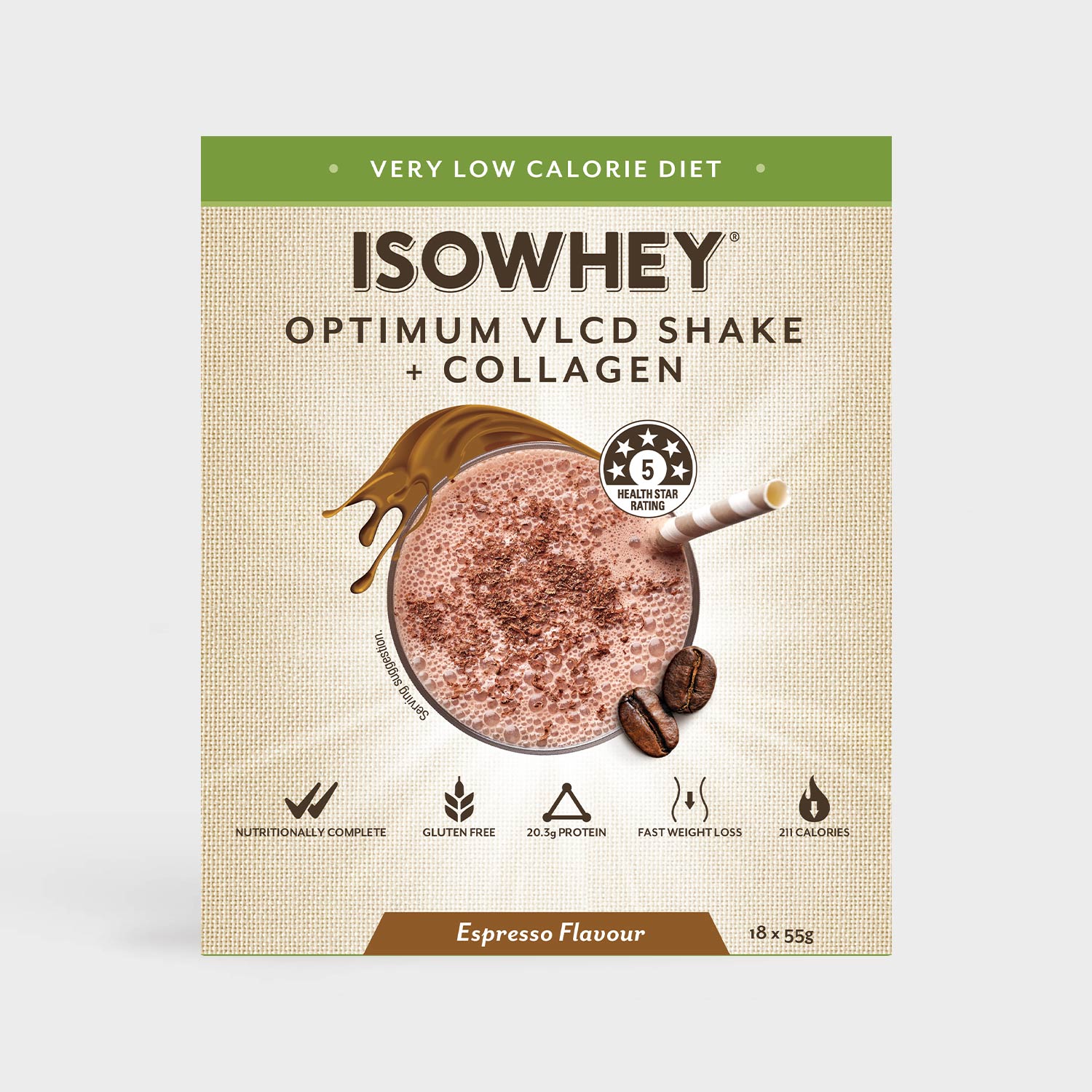 Front view of IsoWhey's Optimum VLCD Espresso Carton product packaging