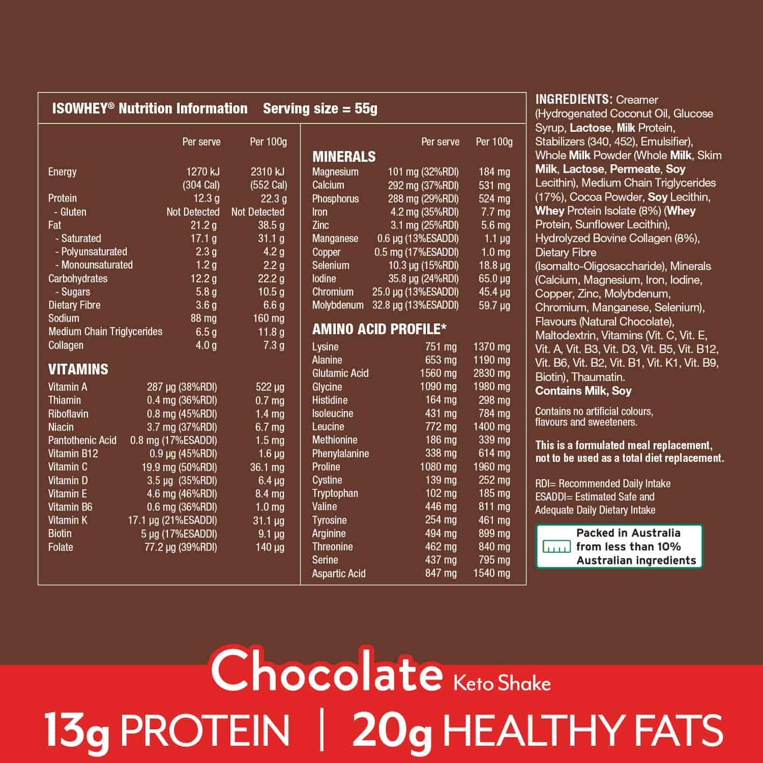 IsoWhey Keto Meal Replacement Shake Chocolate 550g Nutritional Information