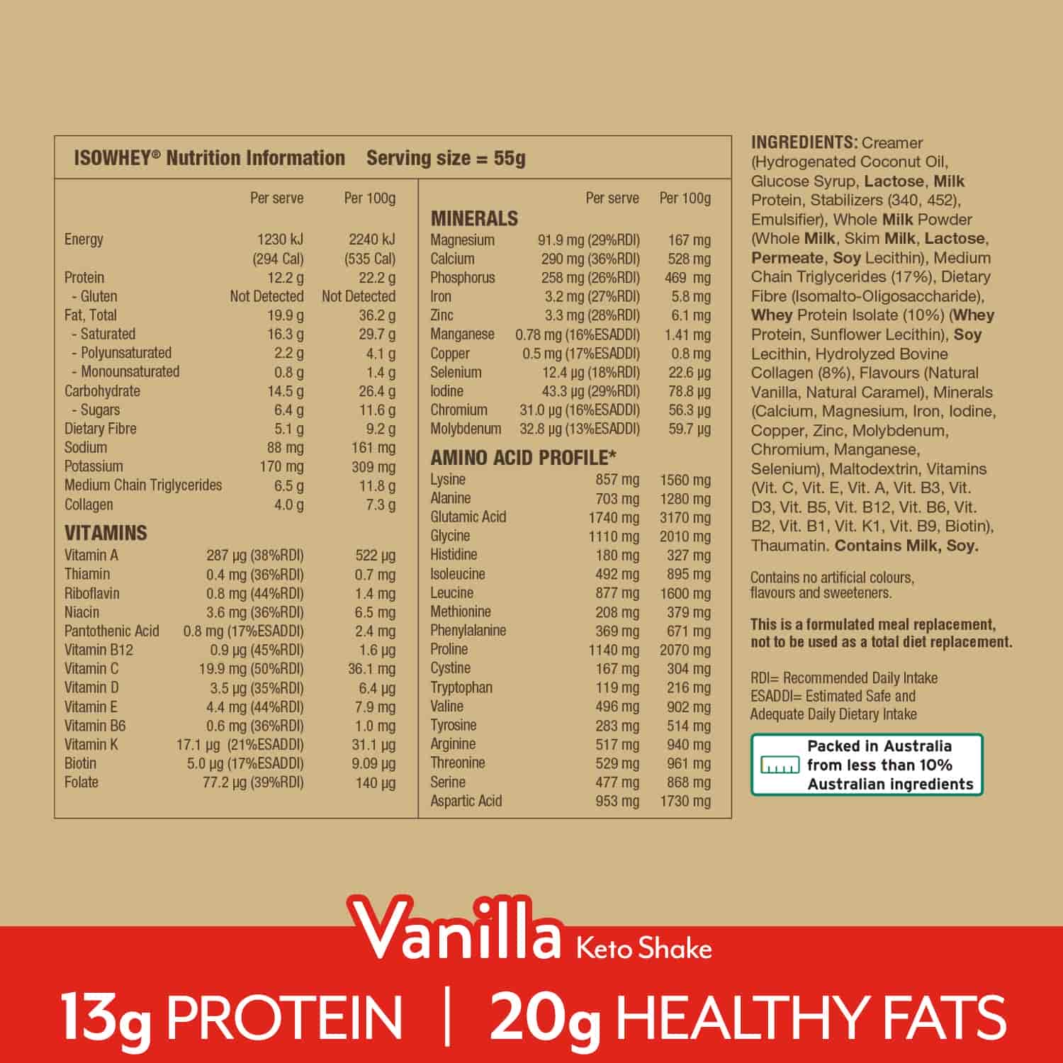 IsoWhey Keto Meal Replacement Shake Vanilla 550g with a glass of shake
