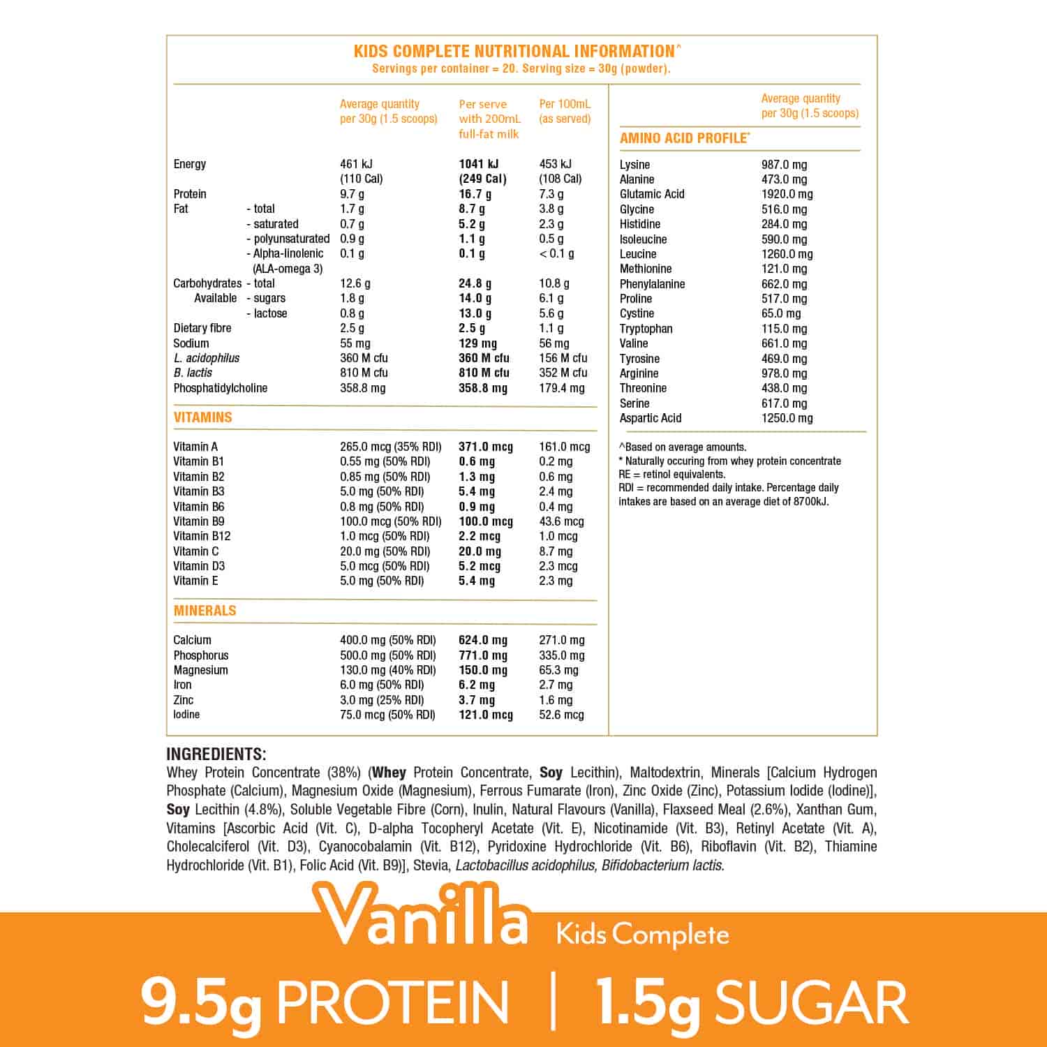 IsoWhey Clinical Nutrition Kids Complete Vanilla 600g with nutritioal information