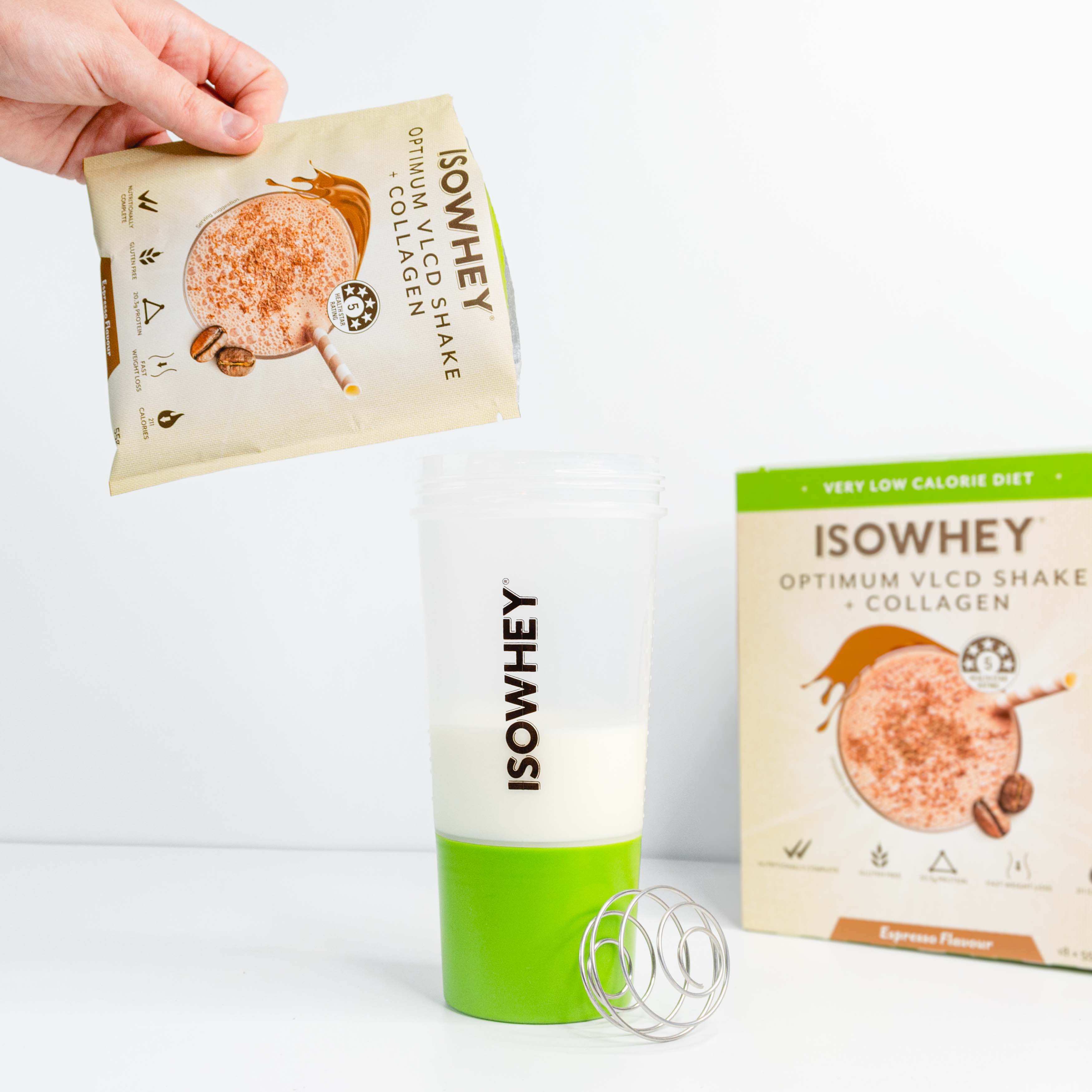 one sachet of IsoWhey Optimum VLCD Espresso 18x55g being poured onto Isowhey shaker