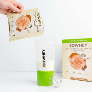 one sachet of IsoWhey Optimum VLCD Espresso 18x55g being poured onto Isowhey shaker
