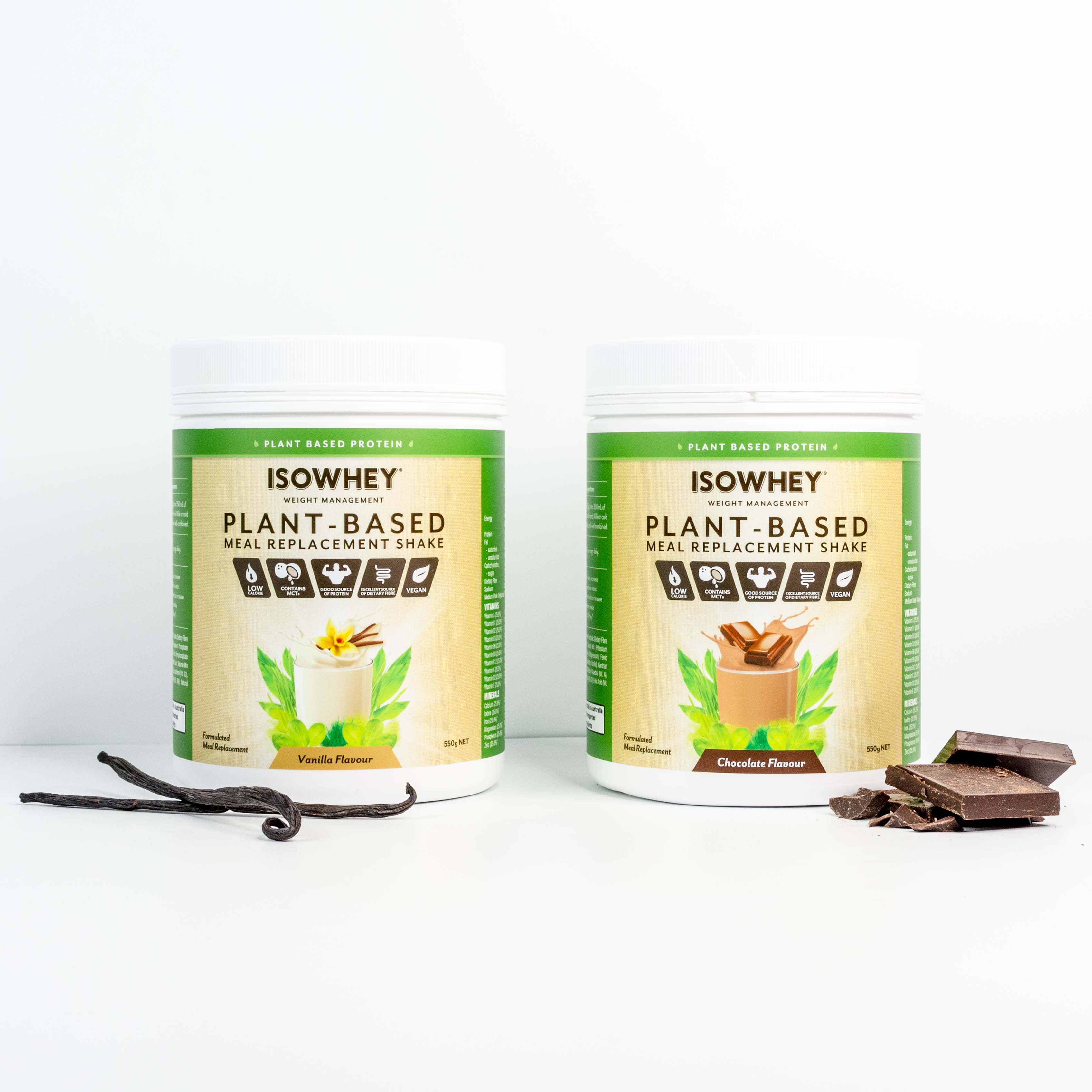 IsoWhey Plant Based Meal Replacement shakes 550g packs, Chocolate and Vanilla flavors, with vanilla pods and chocolate pieces