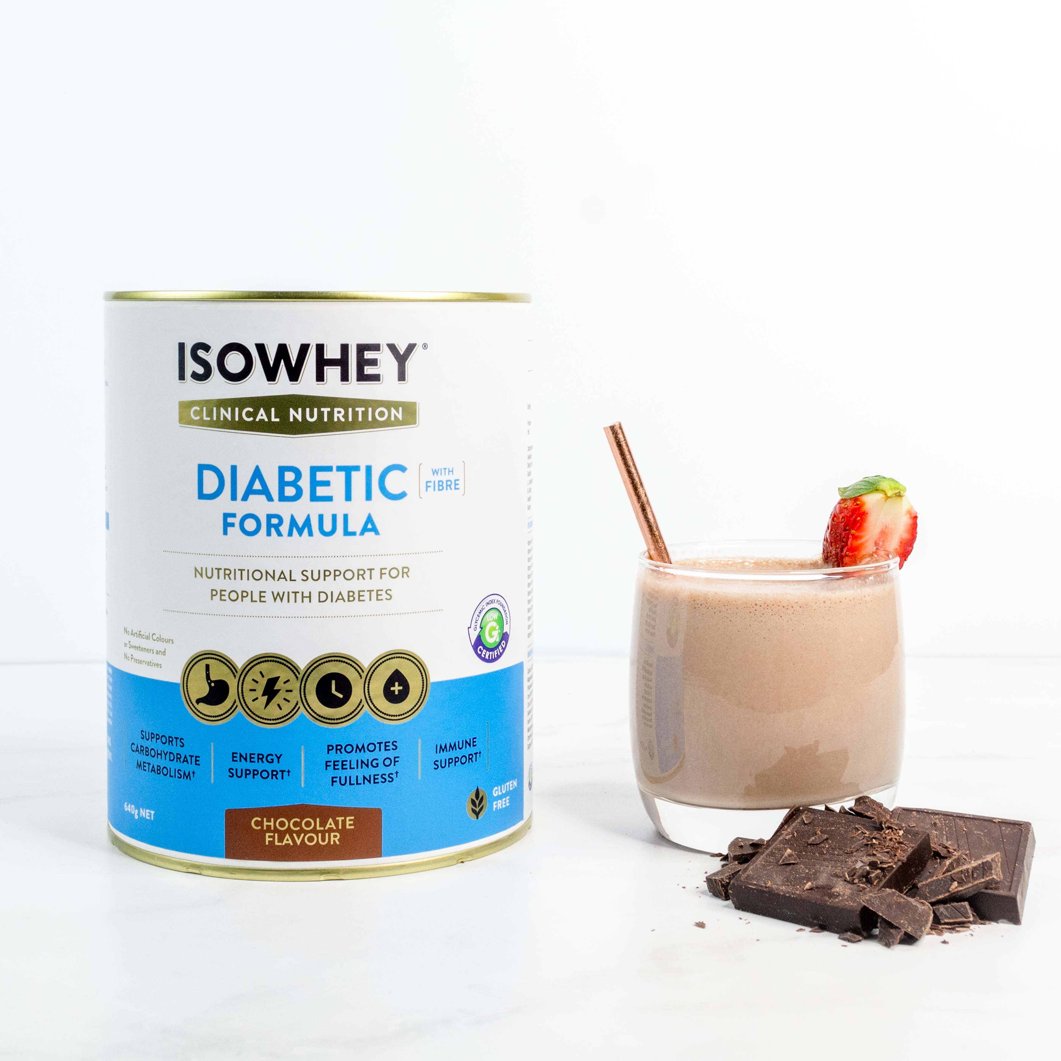 IsoWhey Clinical Nutrition Diabetic Formula Chocolate 640g back of can with nutritional information
