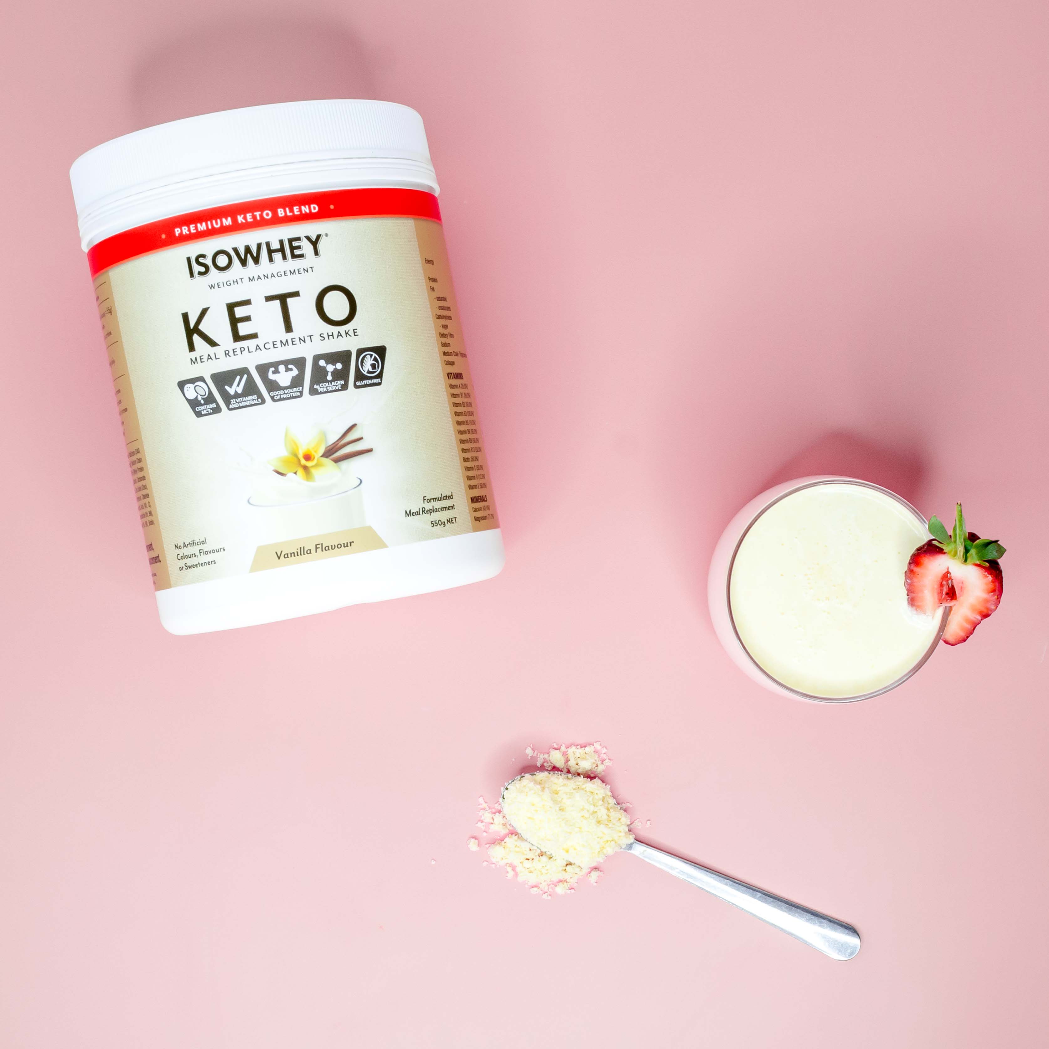 IsoWhey Keto Meal Replacement Shake Vanilla 550g with a glass of shake top view