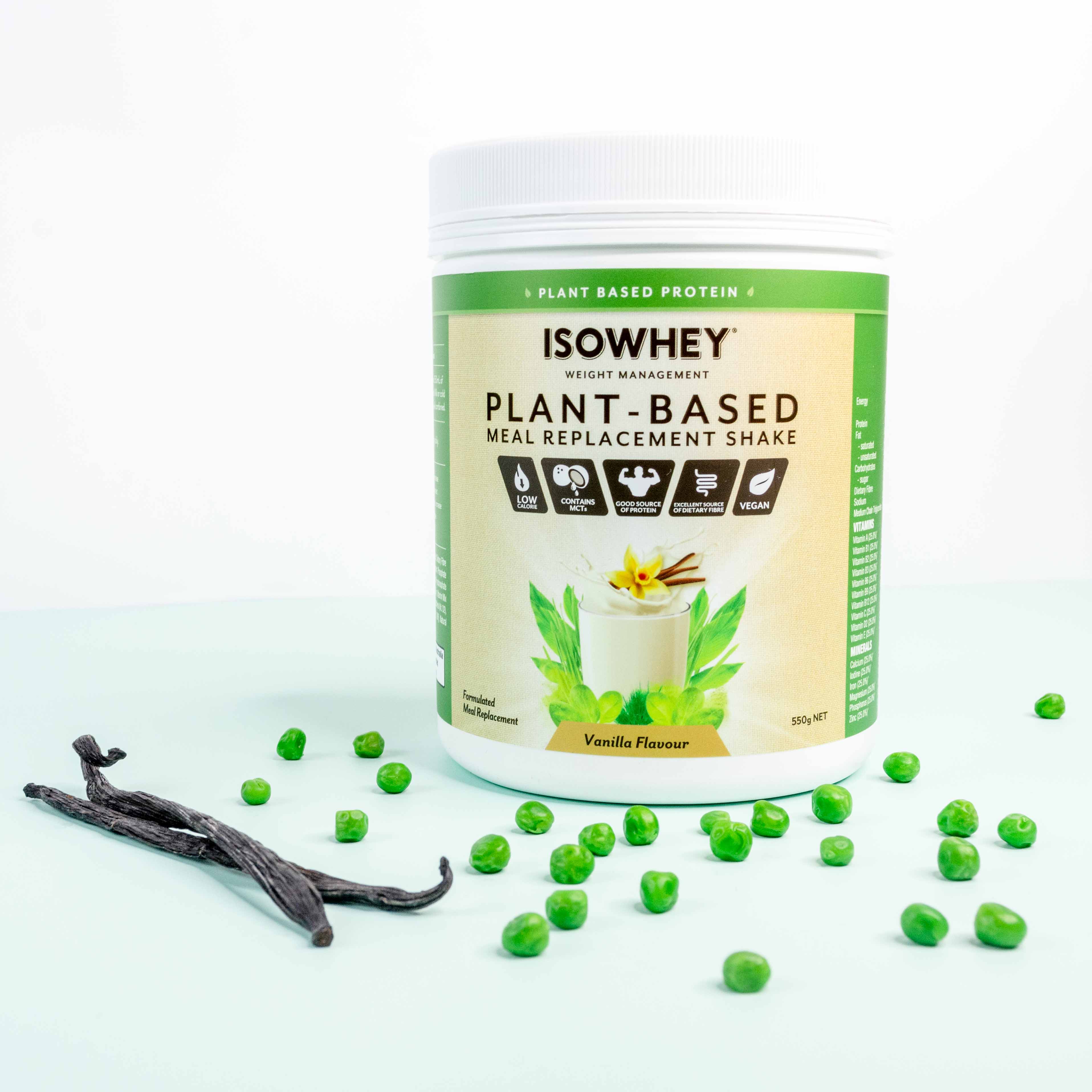 IsoWhey Plant-Based Meal Replacement Vanilla Shake 550g beside a piece of vanilla