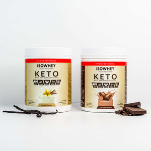 IsoWhey Keto Meal Replacement shakes 550g packs, Chocolate and Vanilla flavors, with vanilla pods and chocolate pieces.