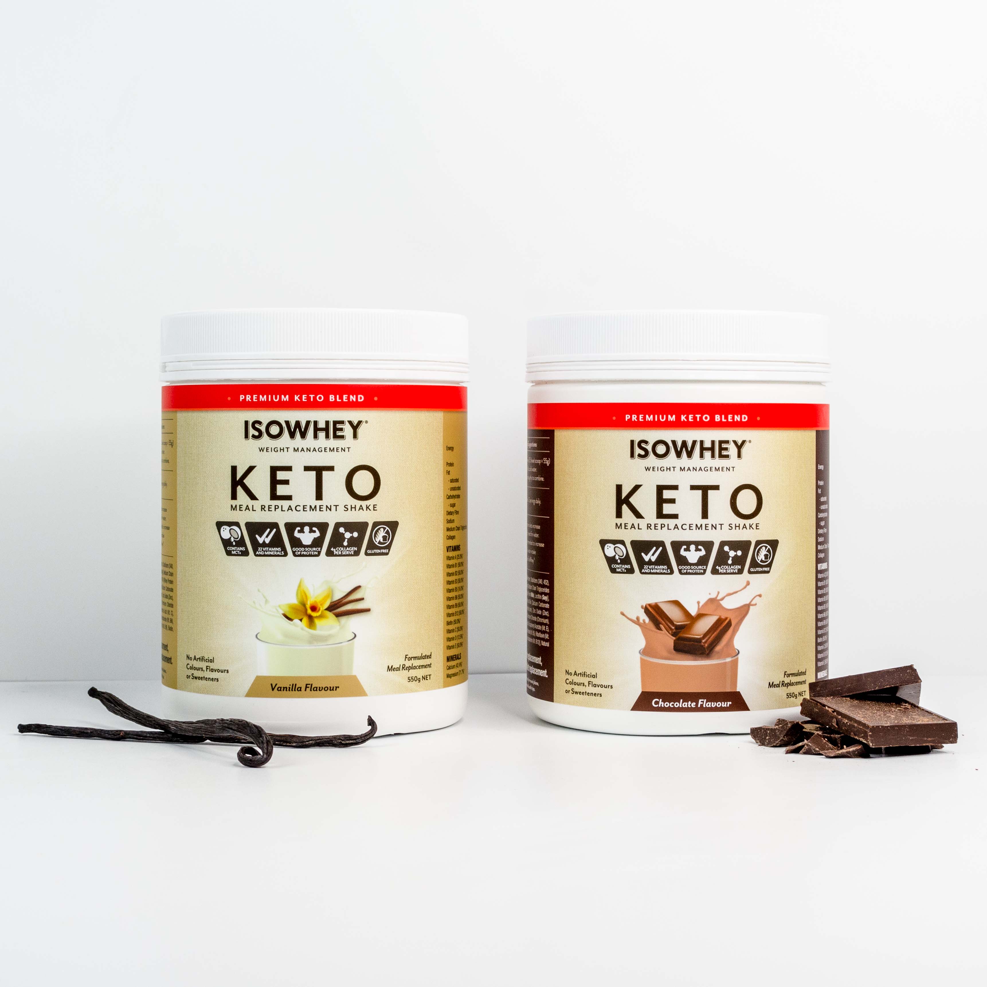 IsoWhey Keto Meal Replacement shakes 550g packs, Chocolate and Vanilla flavors, with vanilla pods and chocolate pieces.