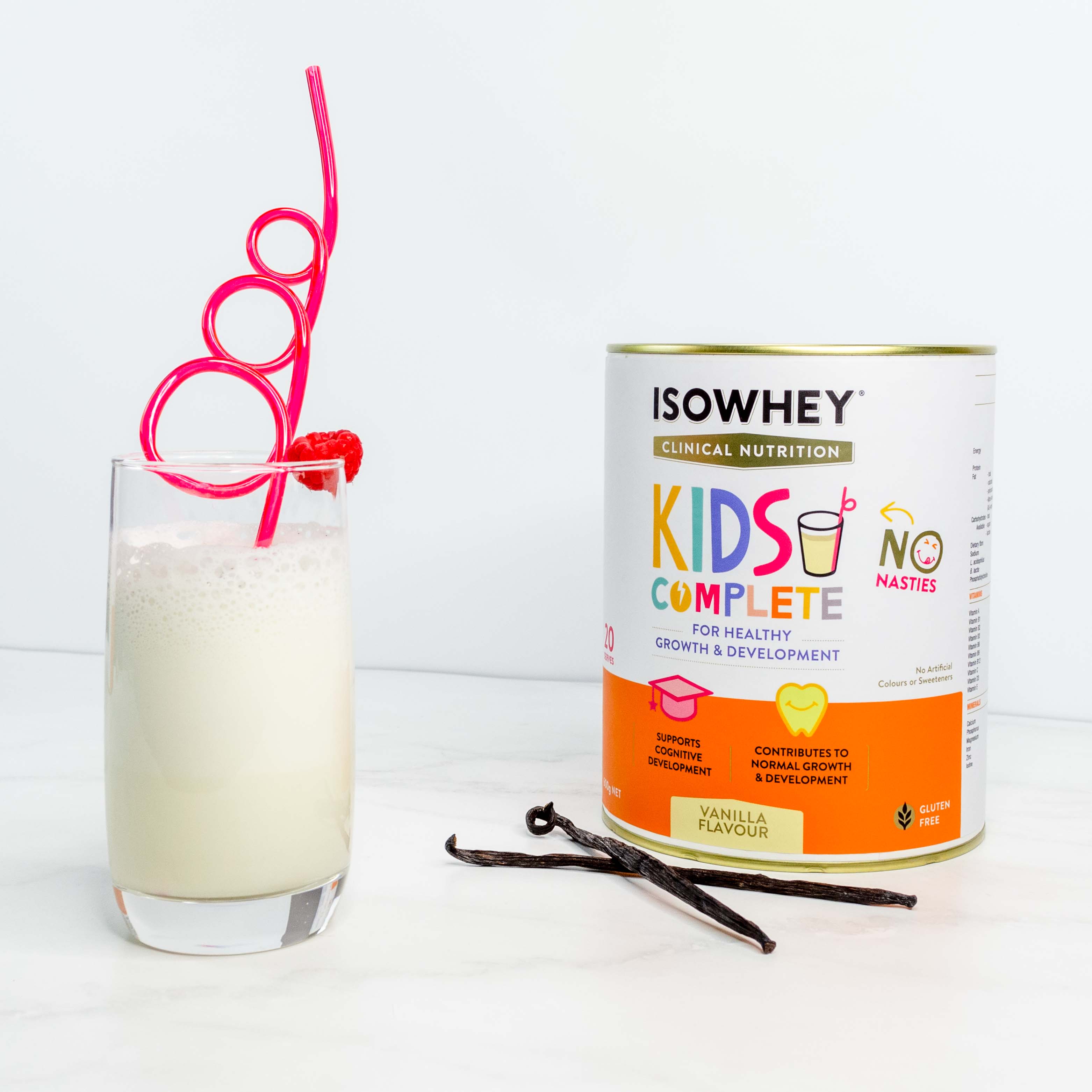 IsoWhey Clinical Nutrition Kids Complete Vanilla 600g with a glass of Isowhey shake & dried vanilla pod