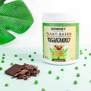 IsoWhey Plant-Based Meal Replacement Chocolate Shake 550g pack with chocolate pieces and green ingredients
