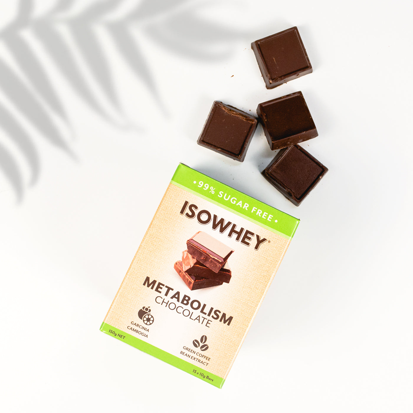 IsoWhey Metabolism Chocolate 15x10g Box With 4 Pieces Spilling Out
